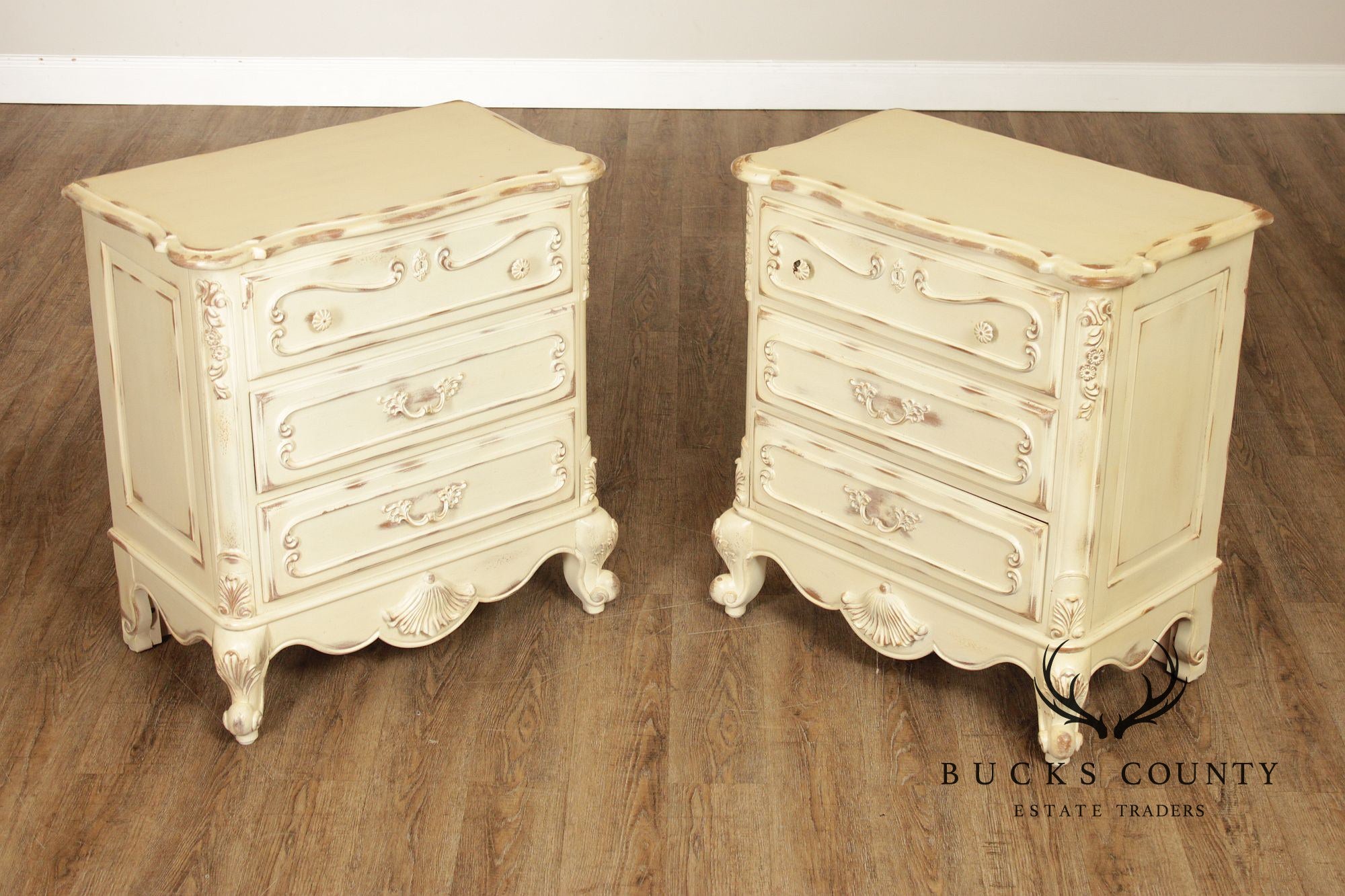Lane French Provincial Style Pair of Distressed Cream Painted Nightstands