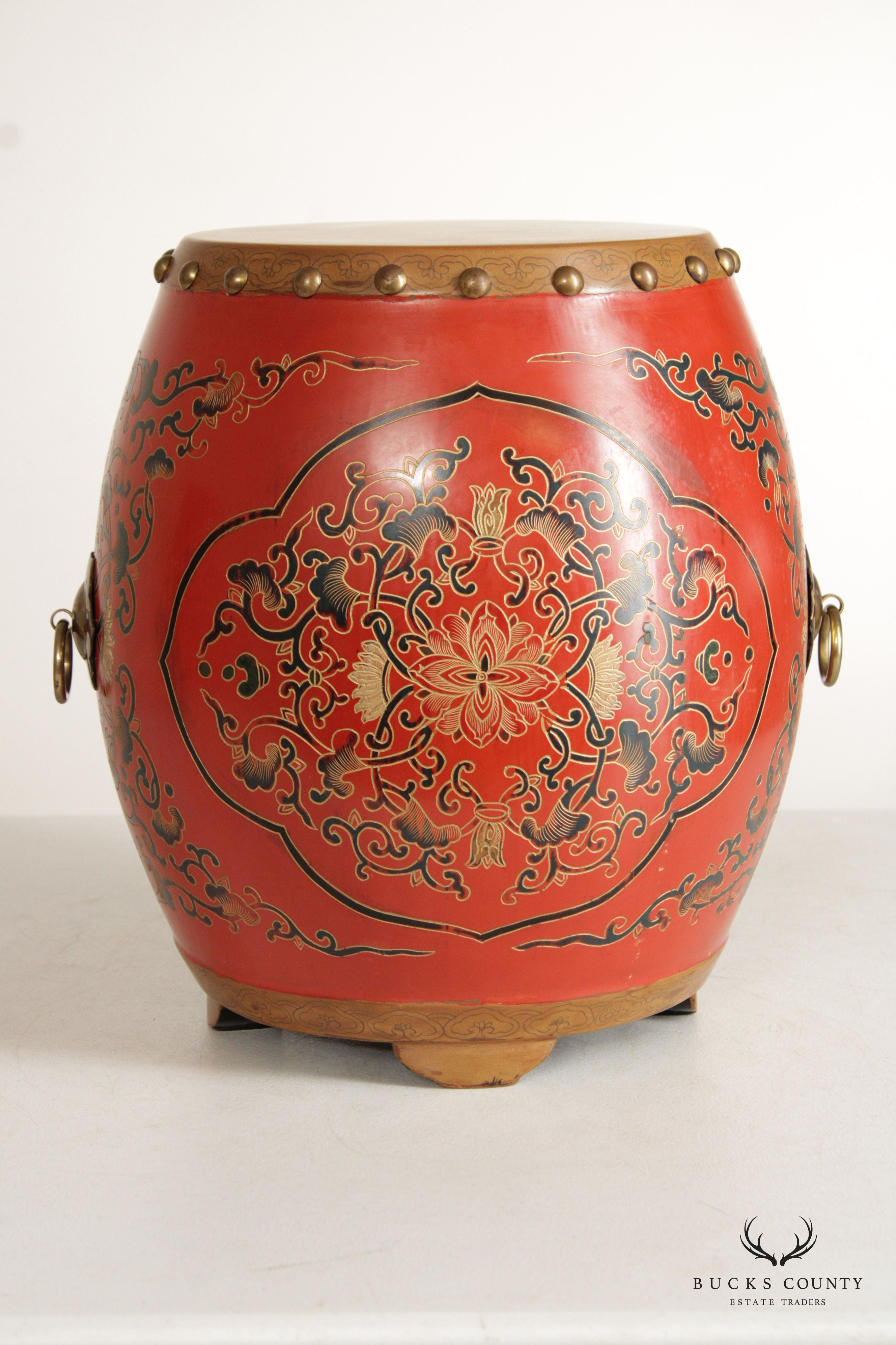 Asian Inspired Style Pair of Hand Painted Wooden Drum Stools