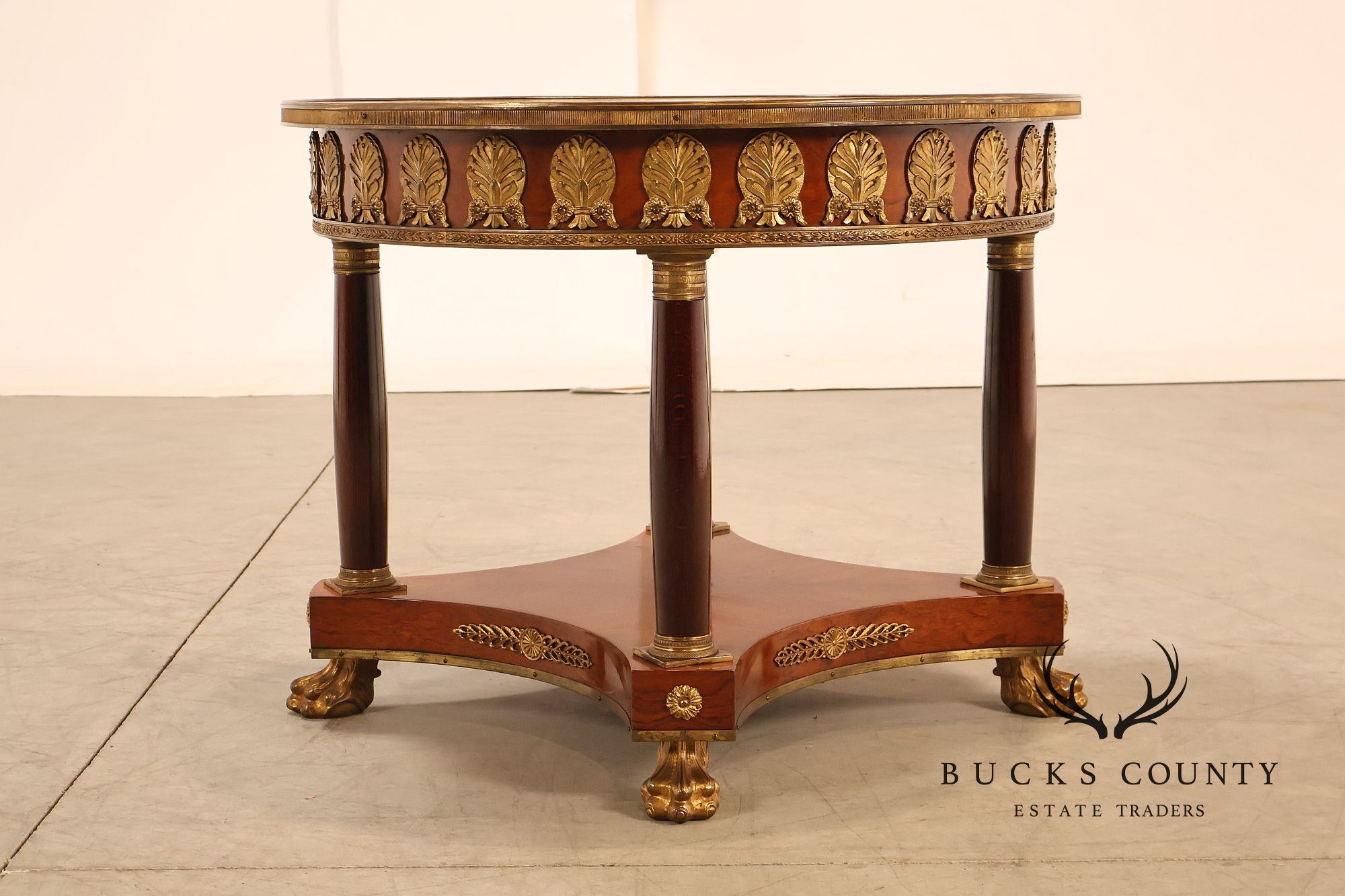 Empire Style Ormolu Mounted Round Marquetry Inlaid Cocktail Table