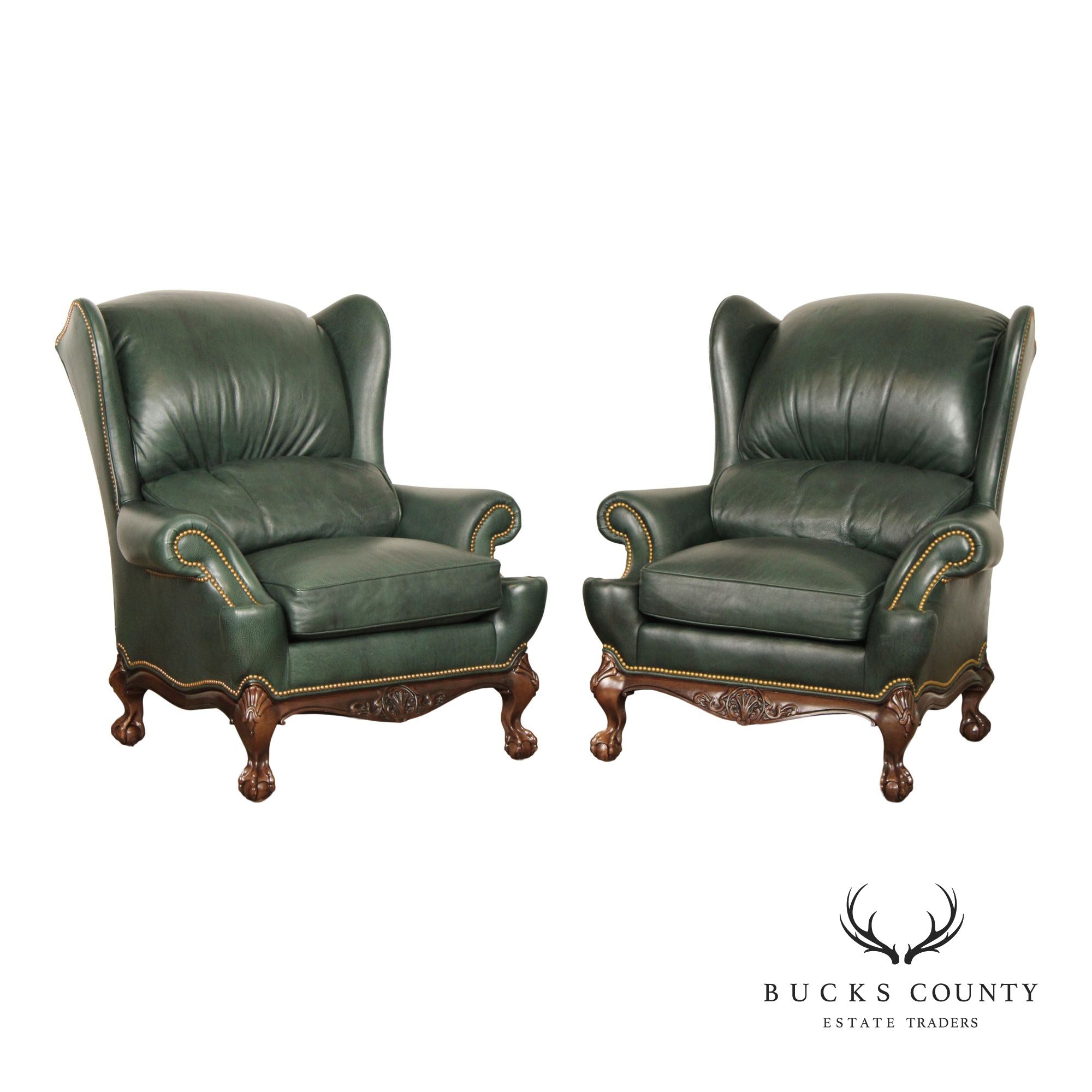 Hancock & Moore Chippendale Style Pair Of Green Leather Bustle Back Wing Chairs