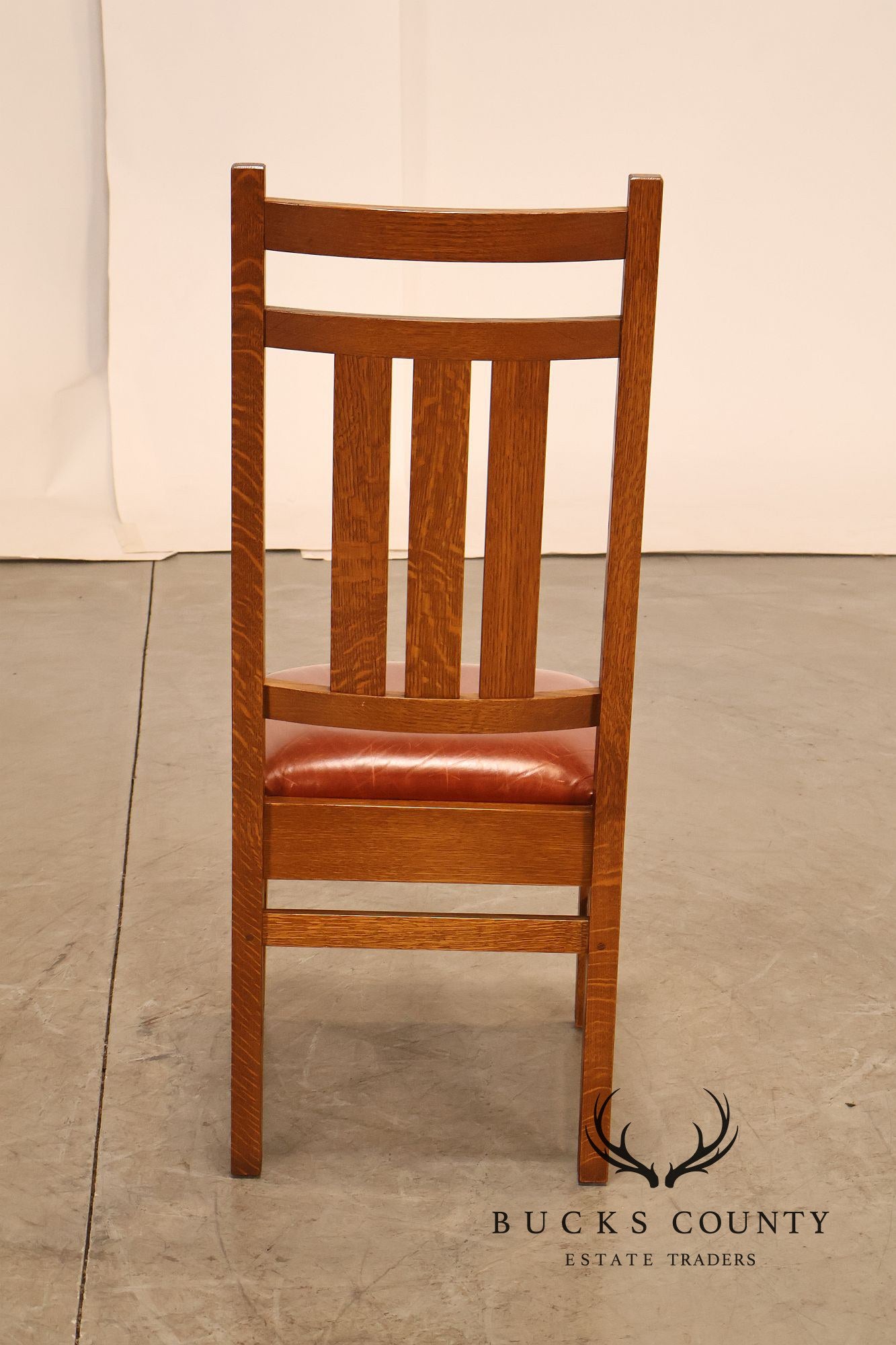 Stickley Harvey Ellis Set of Four Inlaid Oak and Leather Dining Chairs