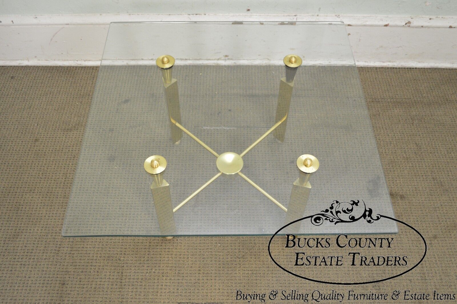 Mid Century Modern Brass Base Square Glass Top Coffee Table