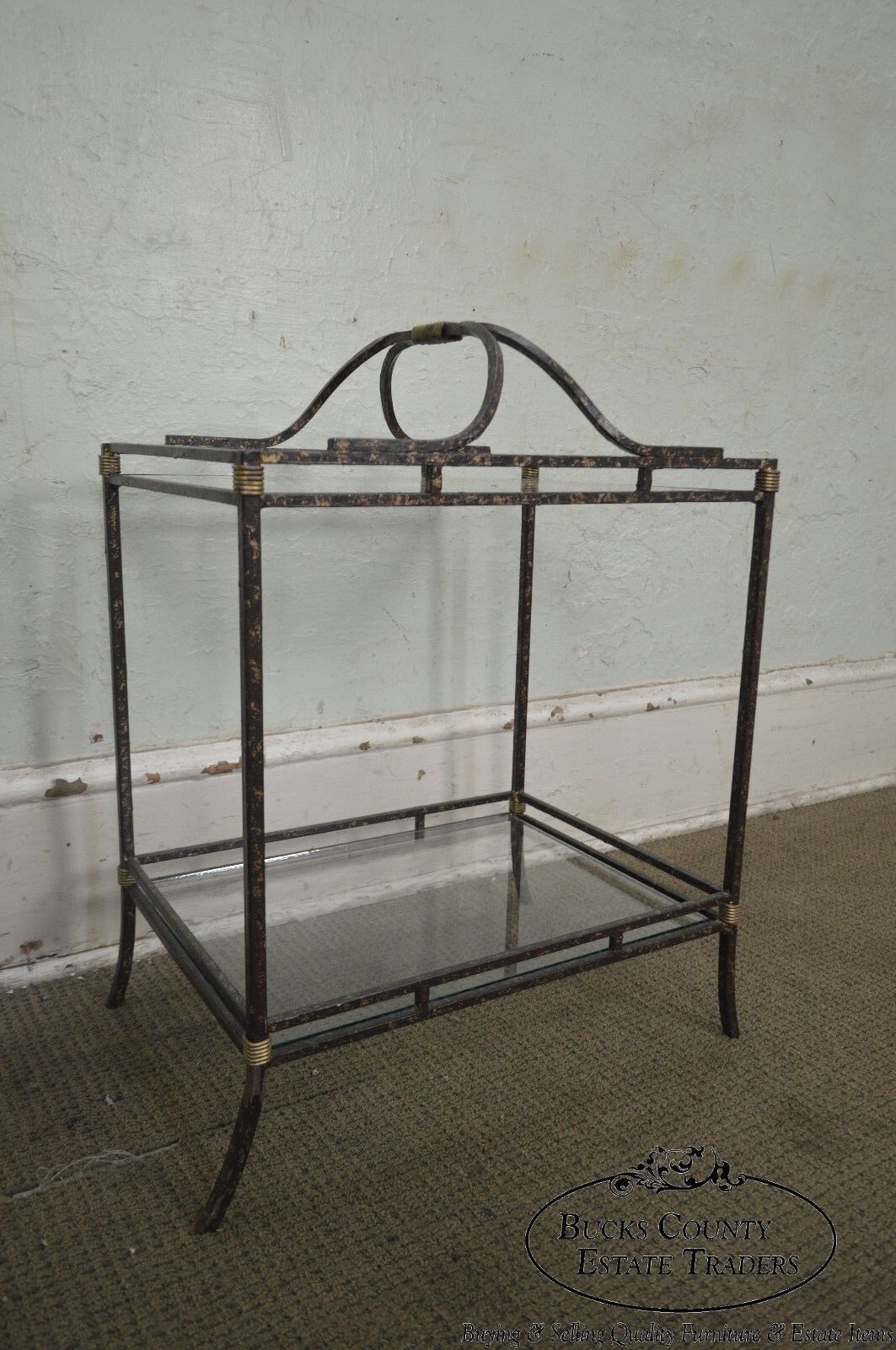 Quality Wrought Iron Glass & Brass 2 Tier Side Table Stand