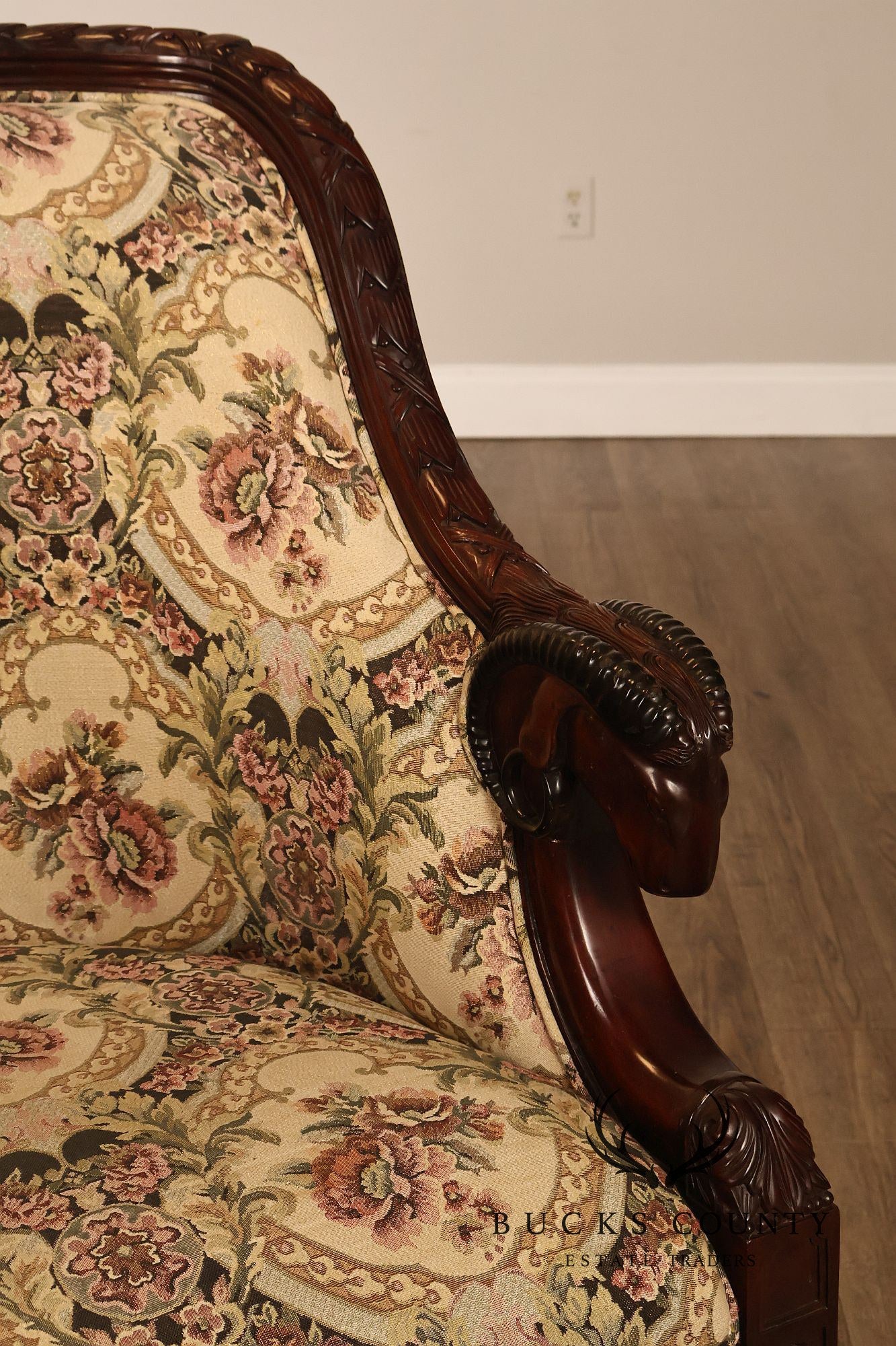 Pair Of Carved Mahogany Ram’s Head Upholstered Armchairs