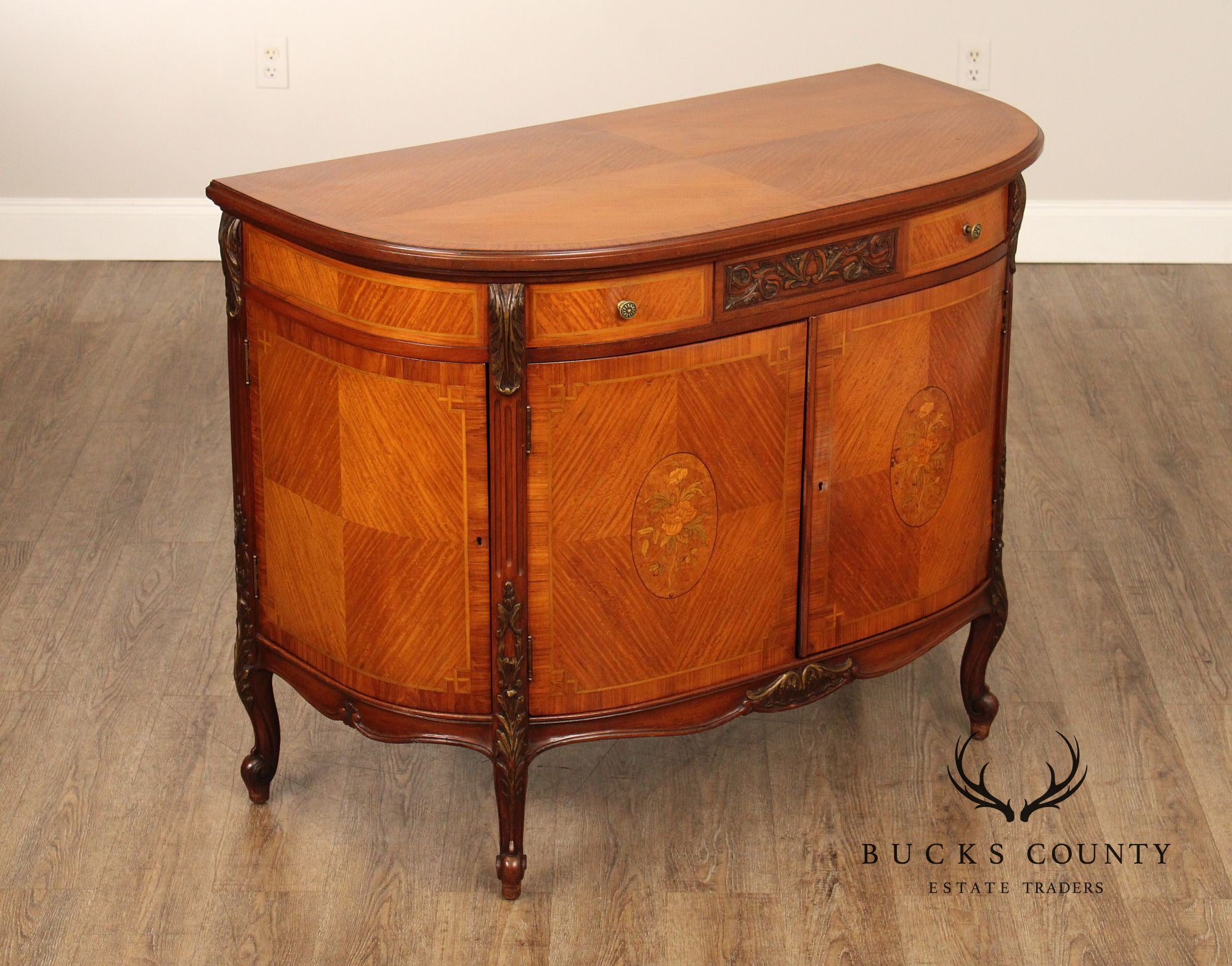 1930's French Louis XV Style Inlaid Satinwood Demilune Commode