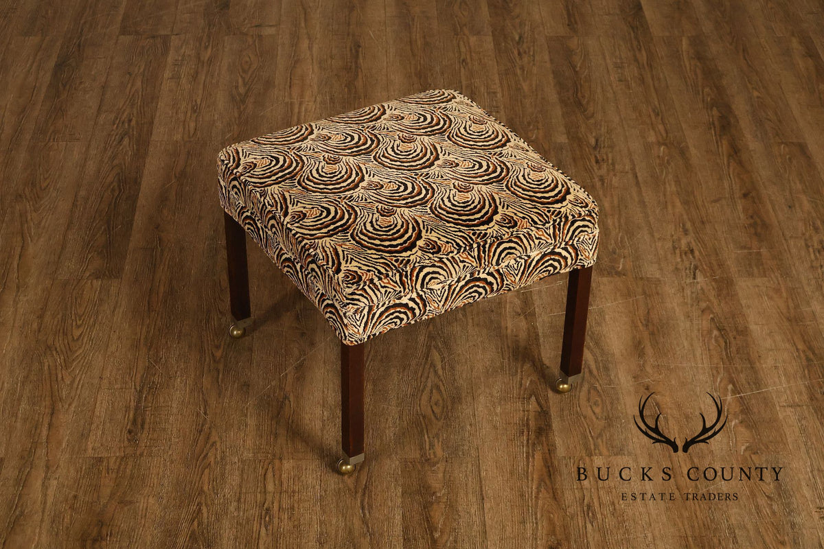 Postmodern Style Pair Of Square Upholstered Stools With Brass Casters
