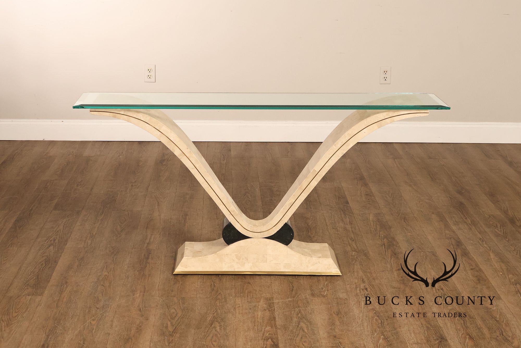 Postmodern Glass Top Travertine Console Table