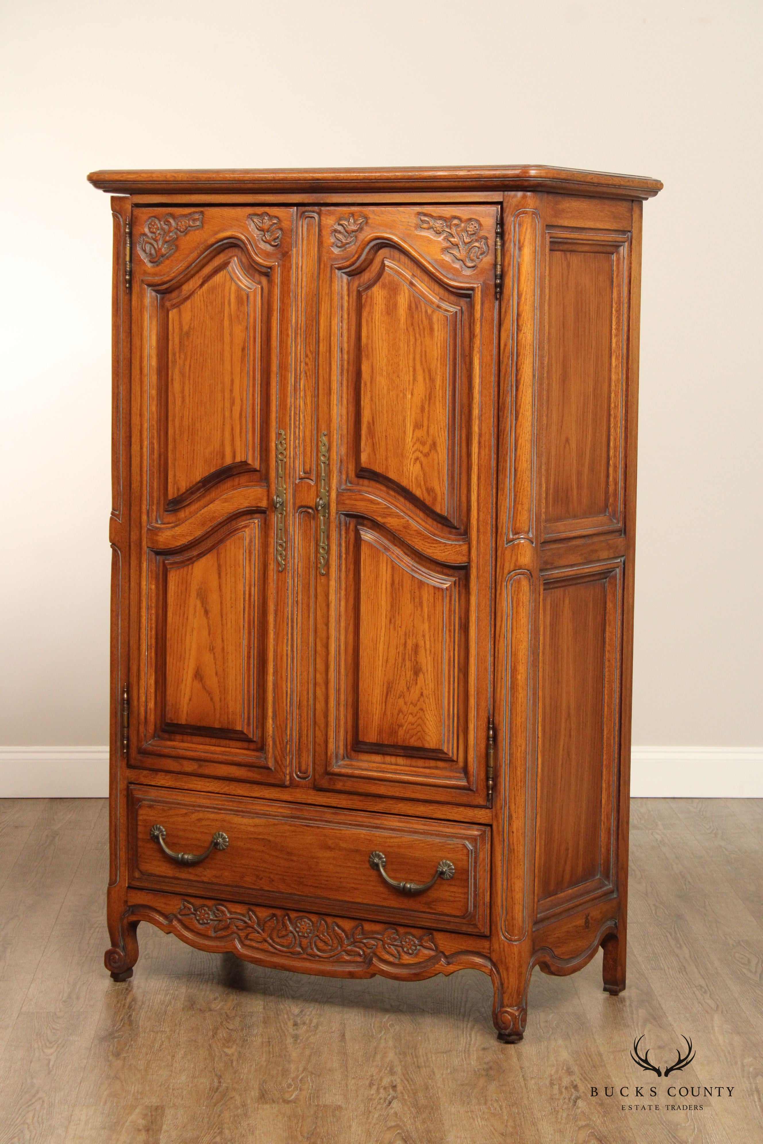 FRENCH COUNTRY STYLE CARVED OAK TWO DOOR ARMOIRE