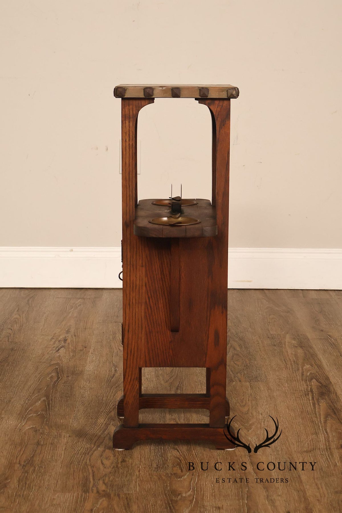 Antique Mission Arts And Crafts Oak Smoking Stand With Copper Ashtrays