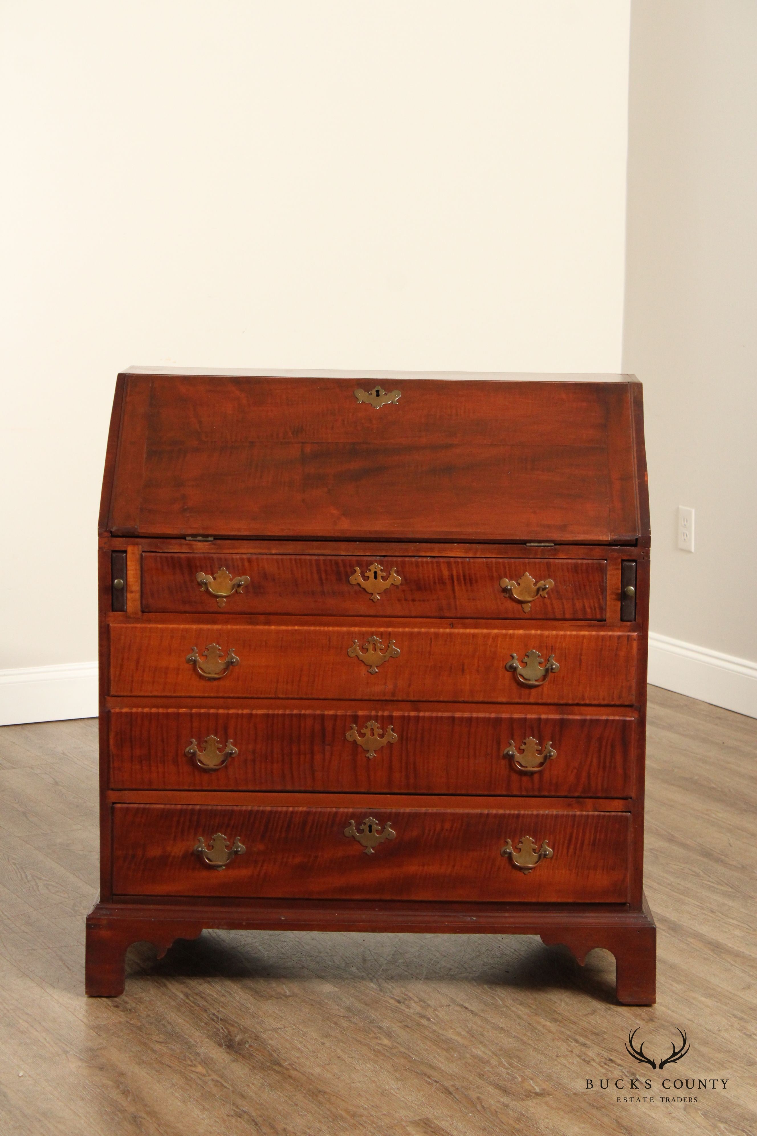 Tiger Maple Chippendale Style Antique Slant Front Desk