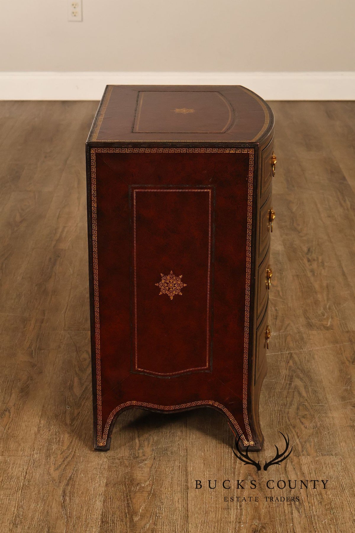 Maitland-Smith Neoclassical Leather Wrapped Bow Front Bedside Chest