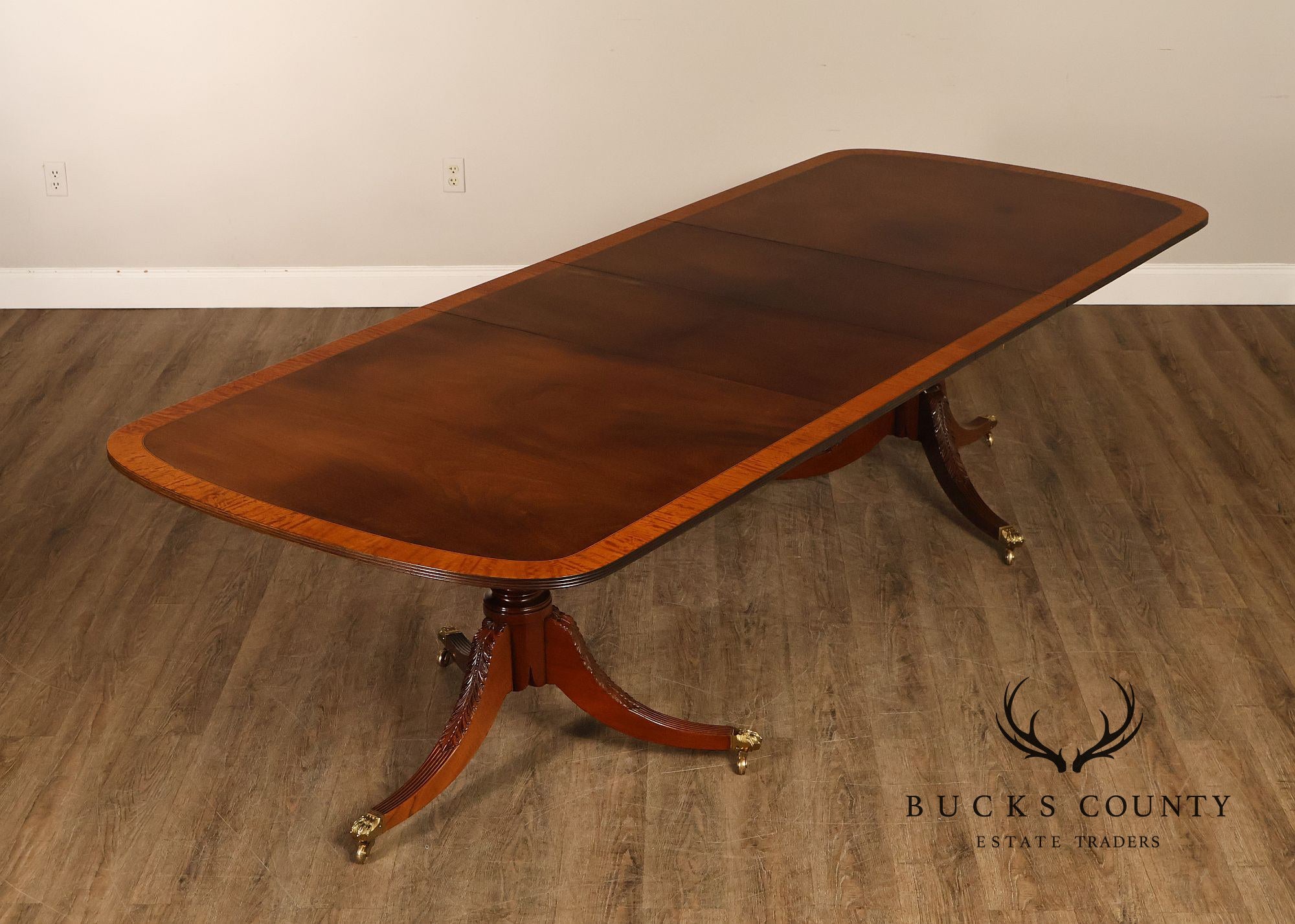 Federal Style Vintage Banded Mahogany Double Pedestal Dining Table