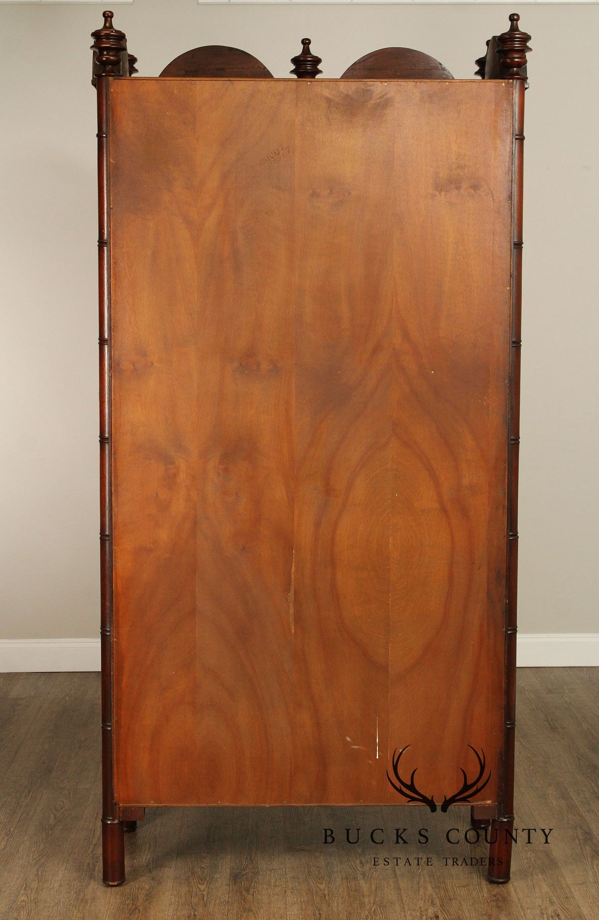 Chinoiserie Style Mahogany Gentleman's Armoire With Faux Bamboo Moldings and Painted Panels