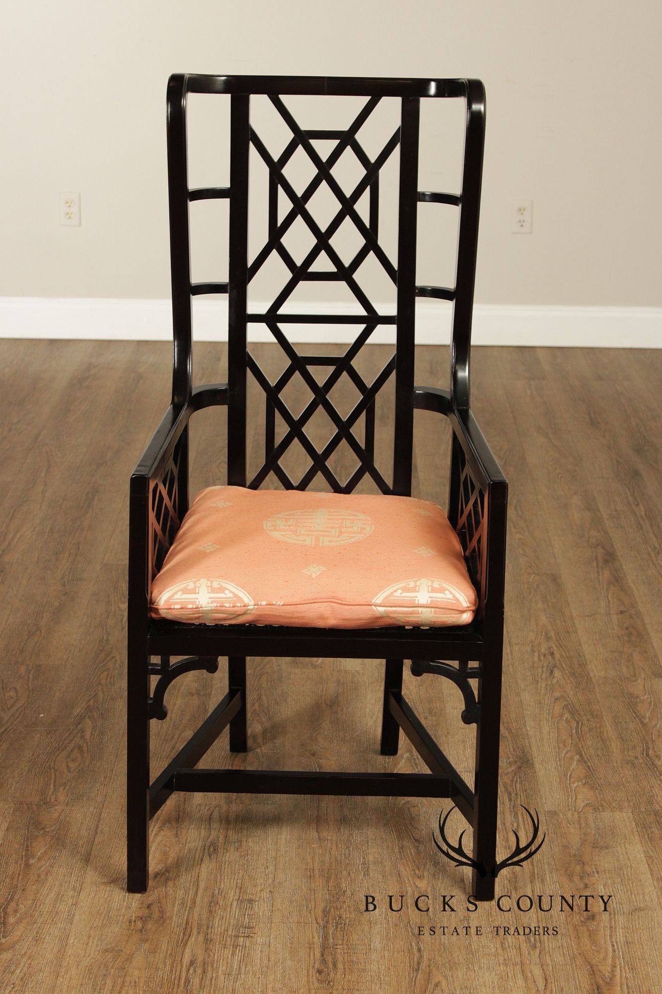 Chinese Chippendale Style Pair of Black Lacquer Armchairs