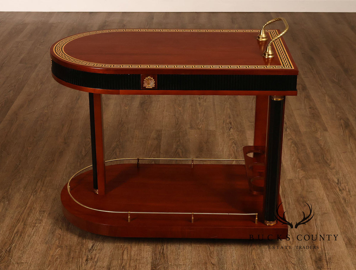 Neoclassical Style Mahogany And Ebonized Bar Cart With Greek Key Inlay And Brass Accents