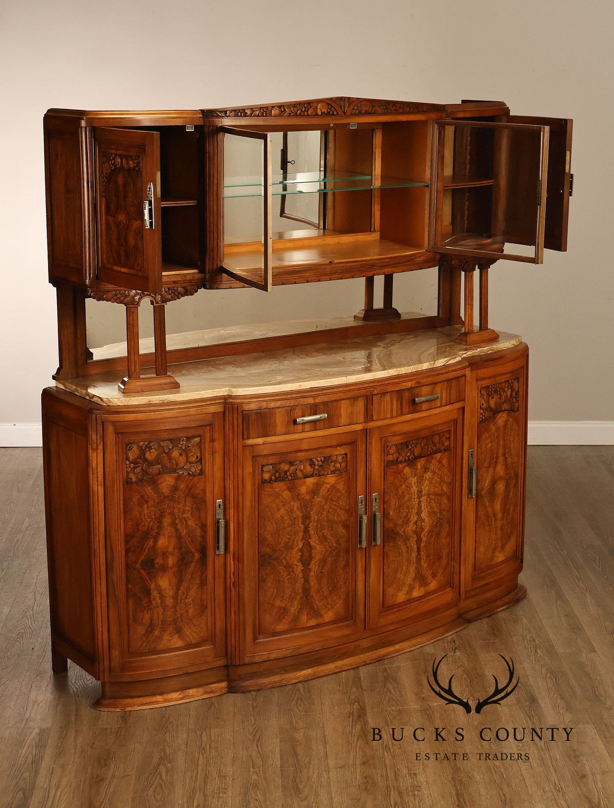 Antique European Art Deco Burl Walnut Marble Top Buffet With Art Nouveau Influence