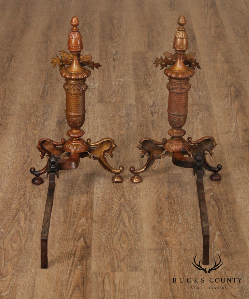 French Louis XVI Style Antique Pair Brass Andirons