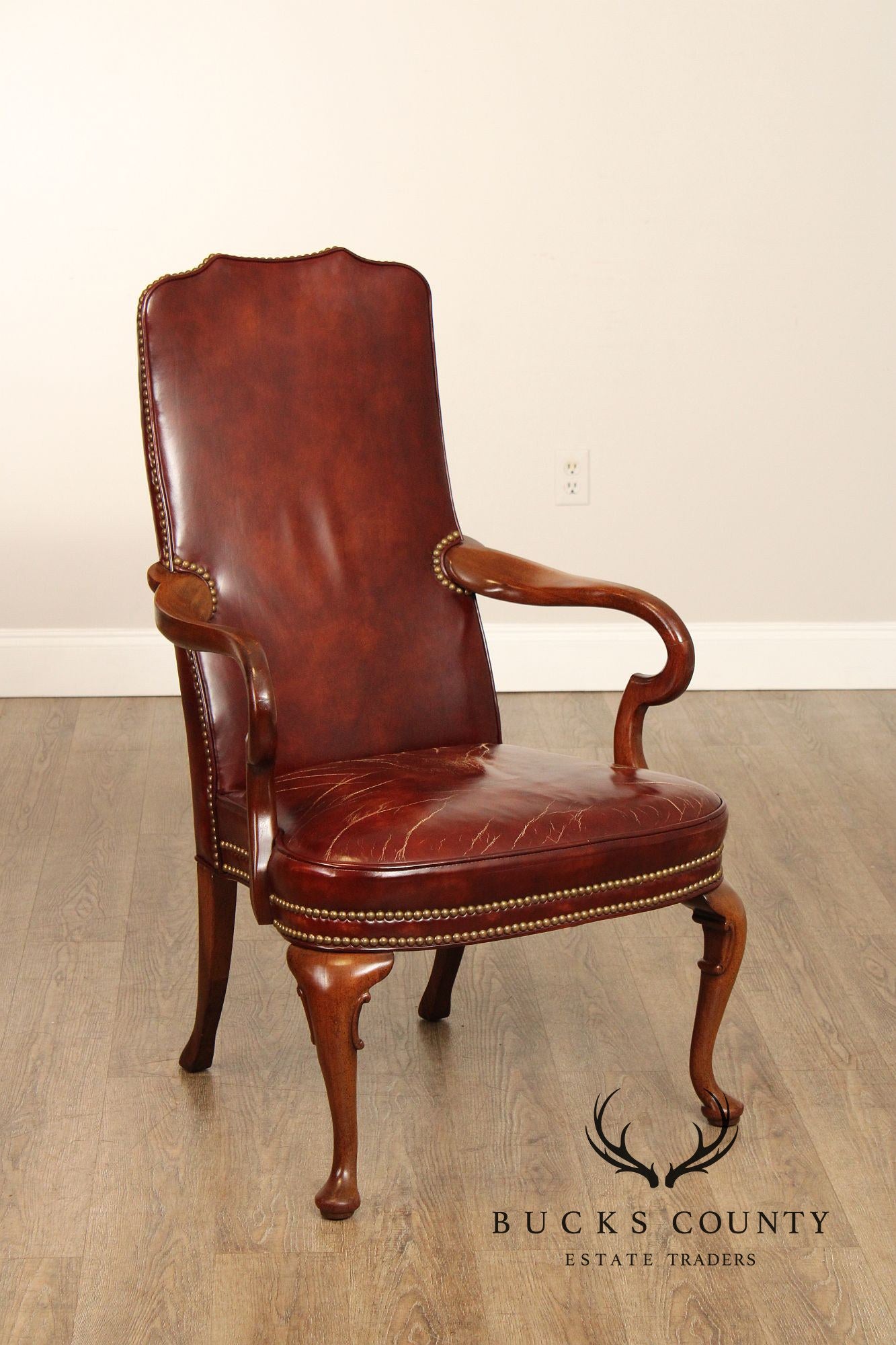 Hickory Chair Queen Anne Style Mahogany and Vintage Leather Armchair