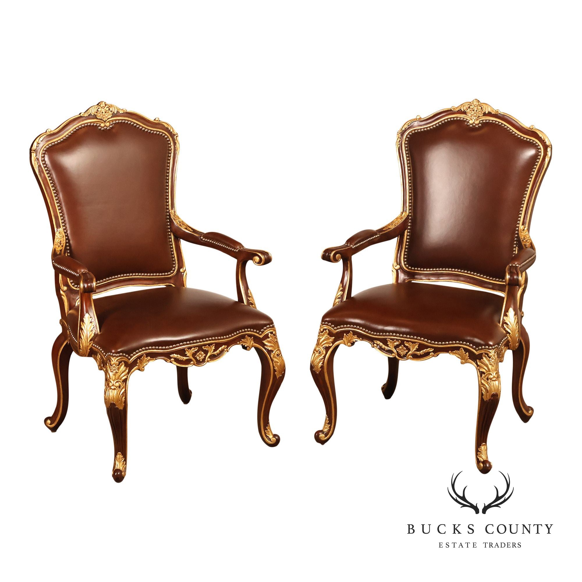 Scarborough House Pair Of French Rococo Style Gilt Mahogany Leather Upholstered Armchairs