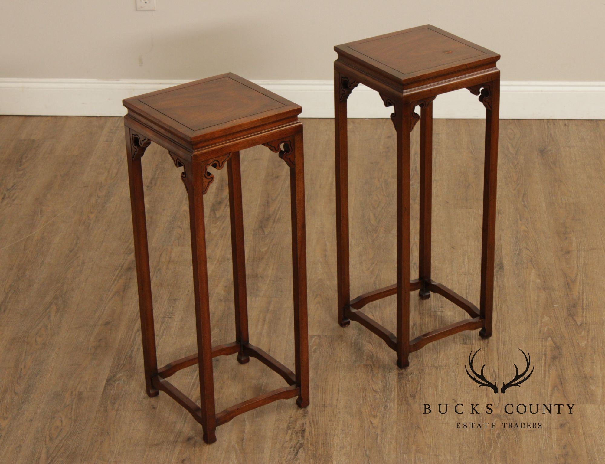 Baker Asian Inspired Pair of Mahogany Pedestal Plant Stands