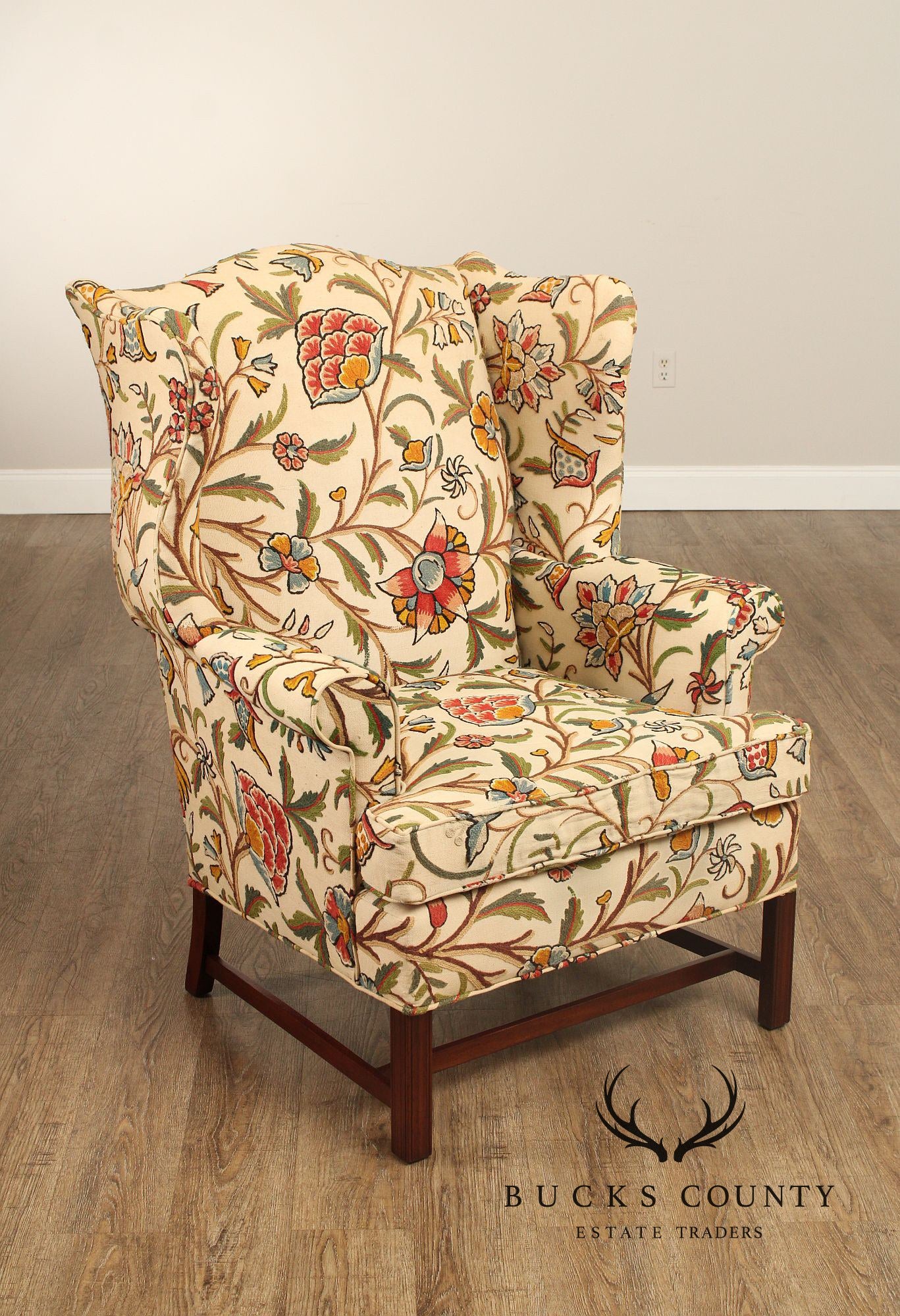 Hickory Chair Chippendale Style Mahogany Crewel Embroidered Wing Chair