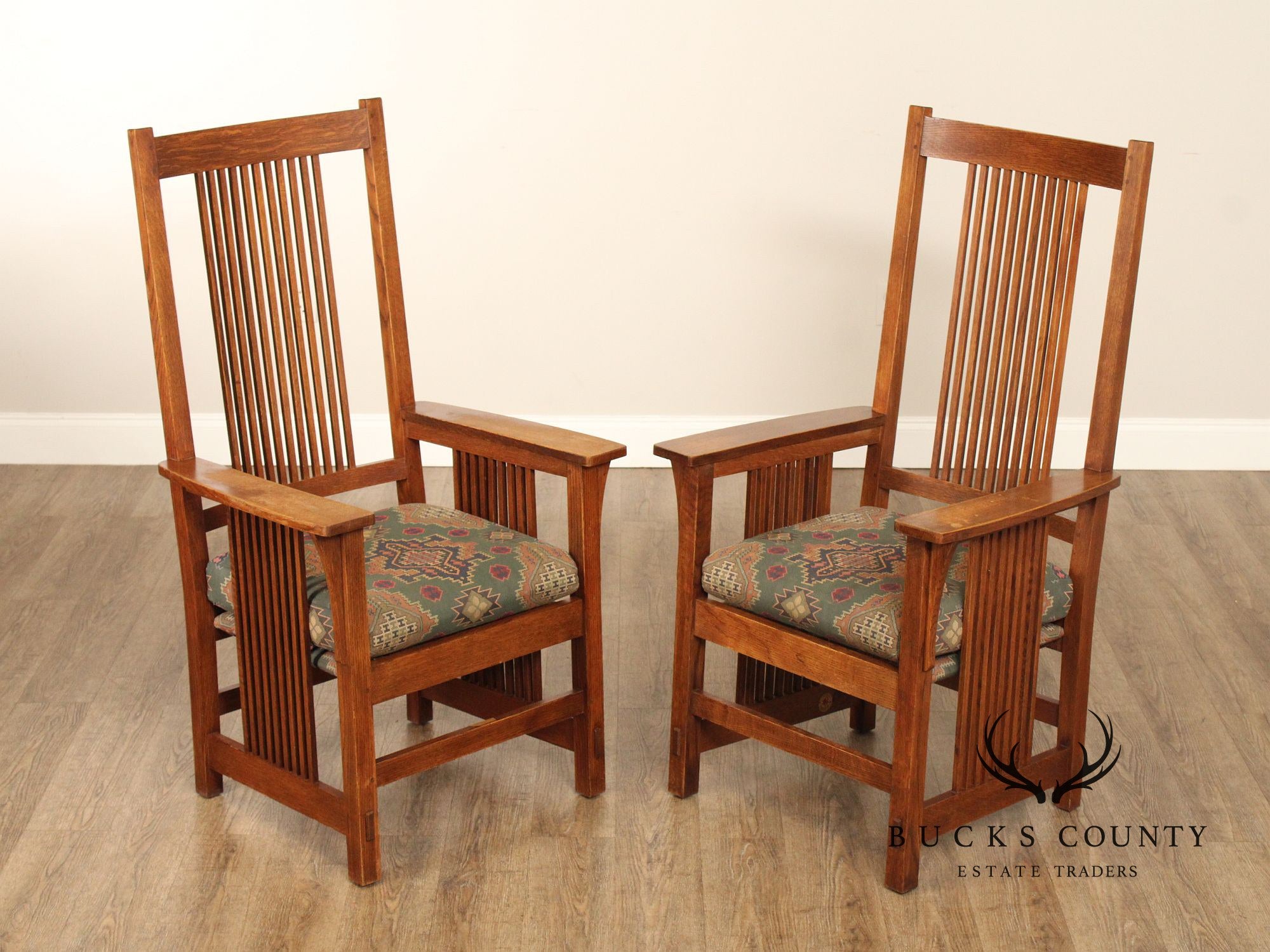 Stickley Mission Collection Pair of Oak Spindle Armchairs