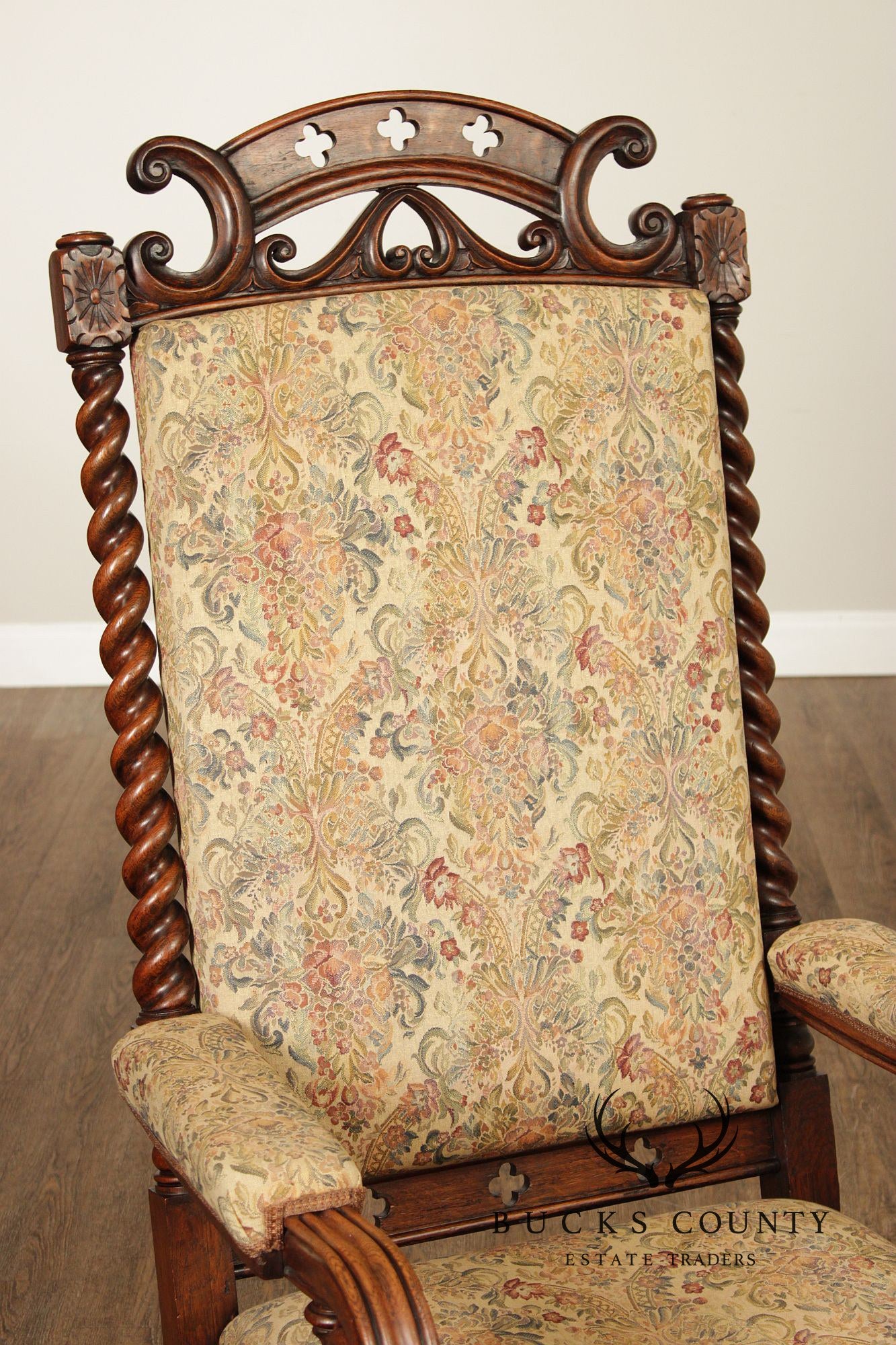 Antique Gothic Revival Barley Twist Carved Oak Throne Chair