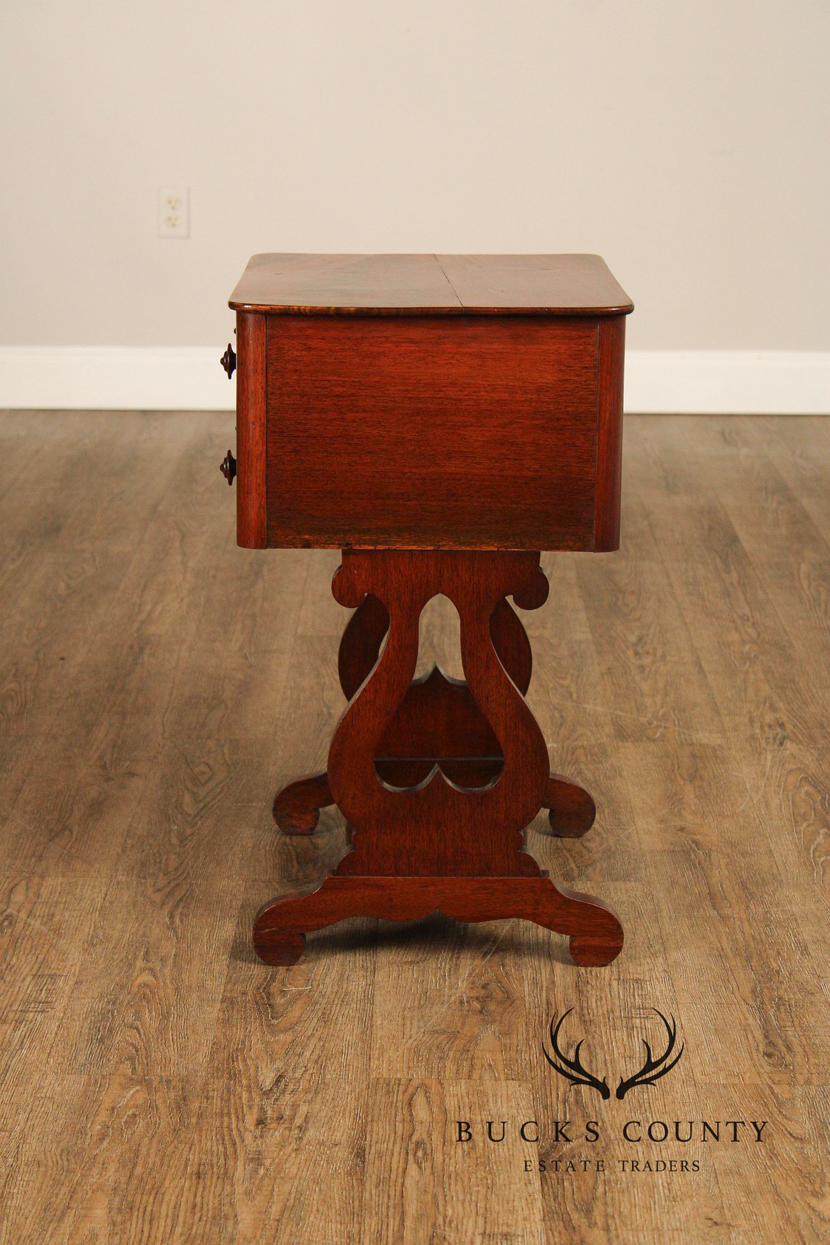 Antique American Empire Mahogany Lyre Form Two-Drawer Work Table