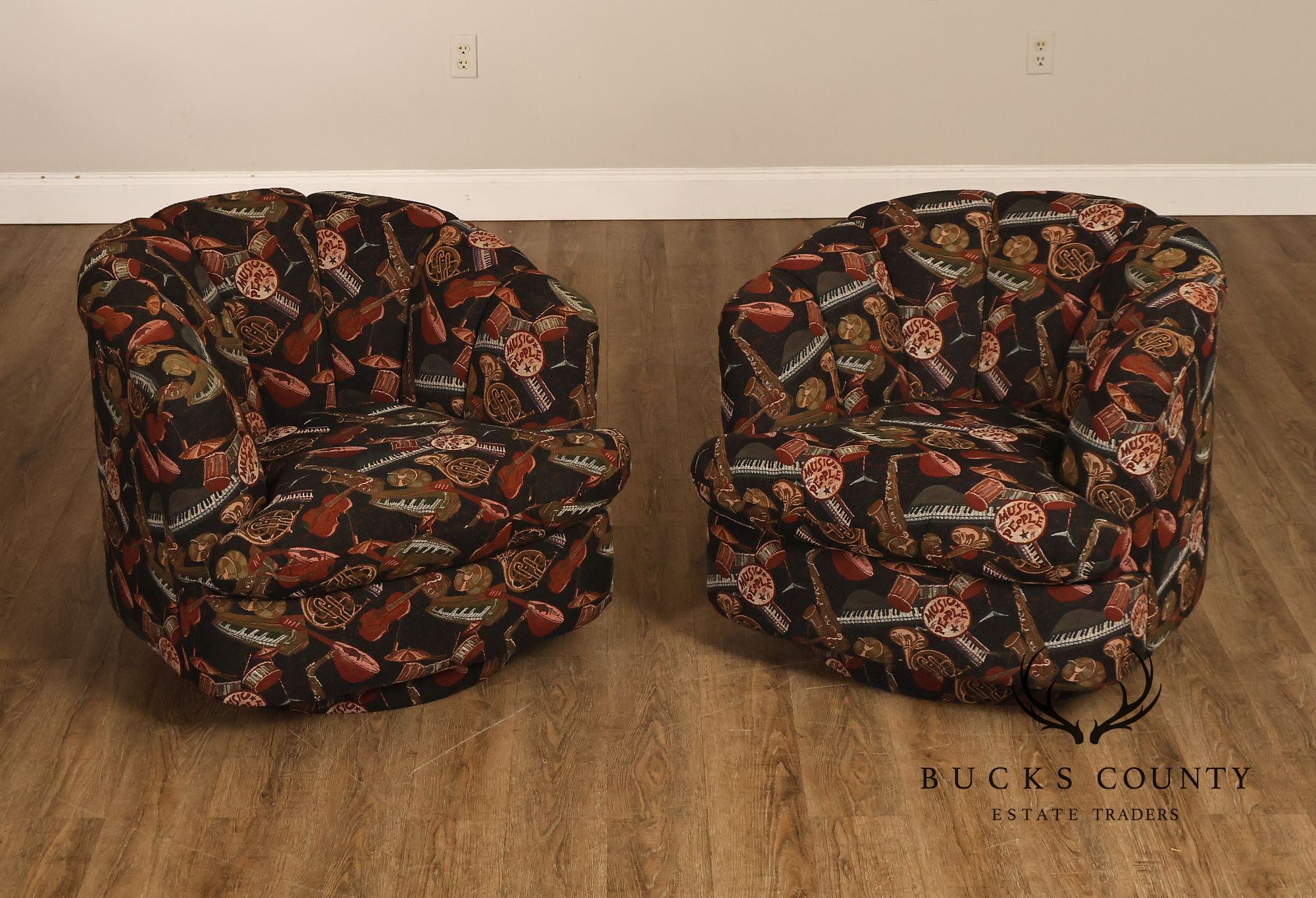 Custom Pair of Upholstered Swivel Club Chairs
