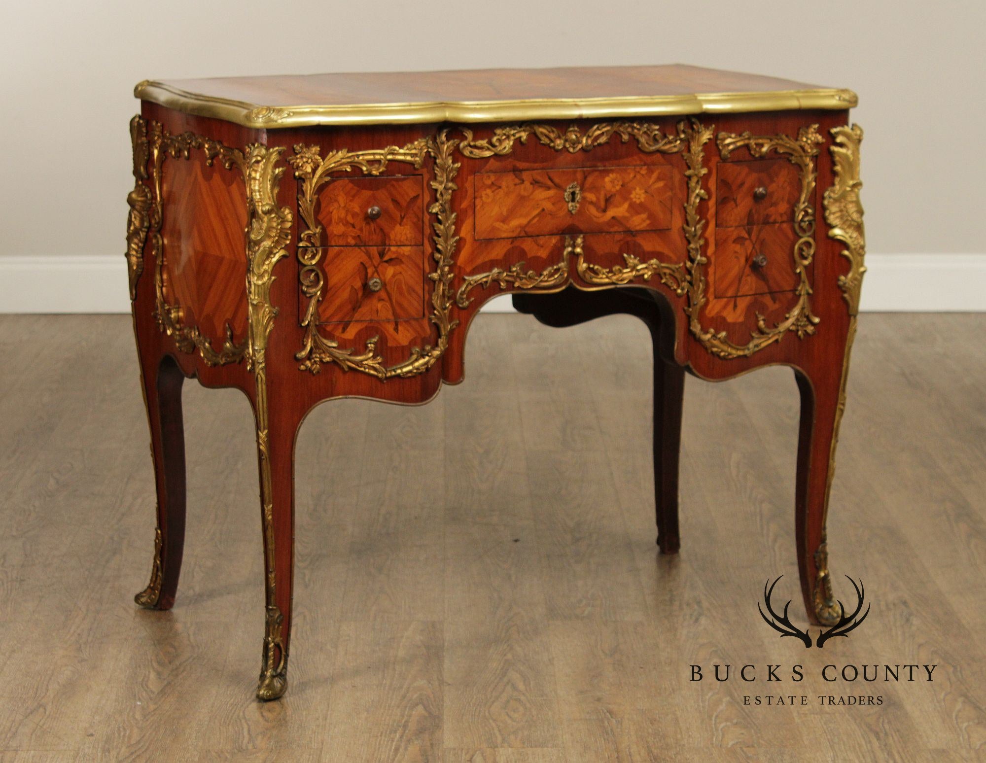 French Louis XV Style Marquetry Inlaid Bronze Mounted Knee Hole Desk