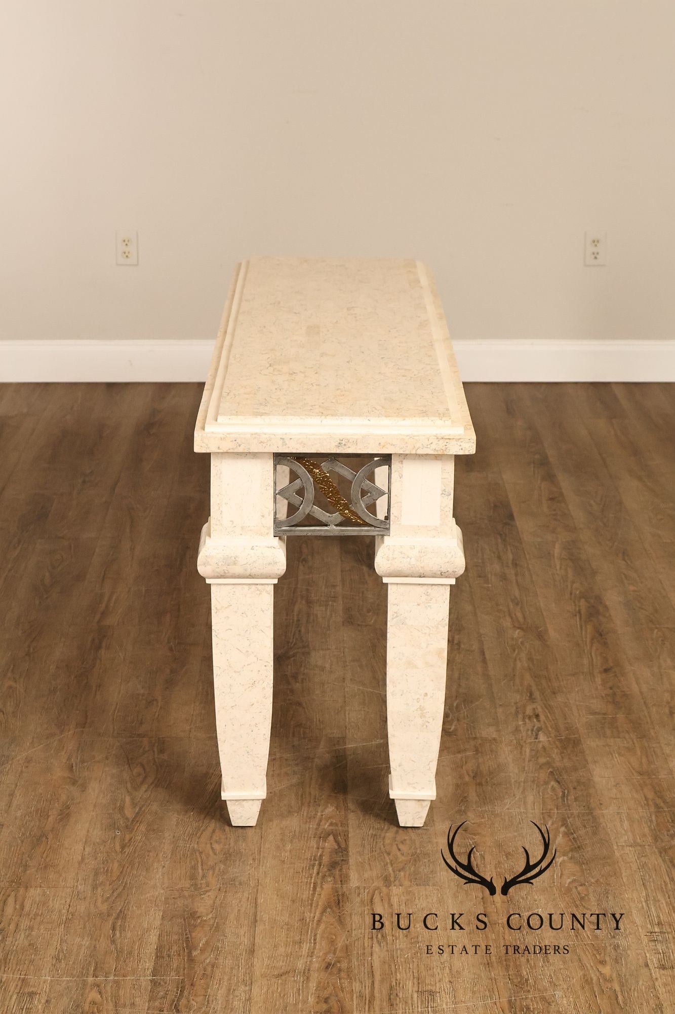 Neoclassical Style Travertine Console Table With Metal Stretcher