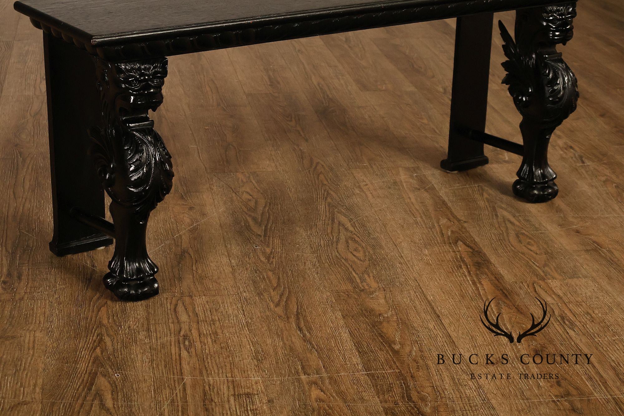 Antique Renaissance Revival Ebonized Oak Carved Griffin Bench