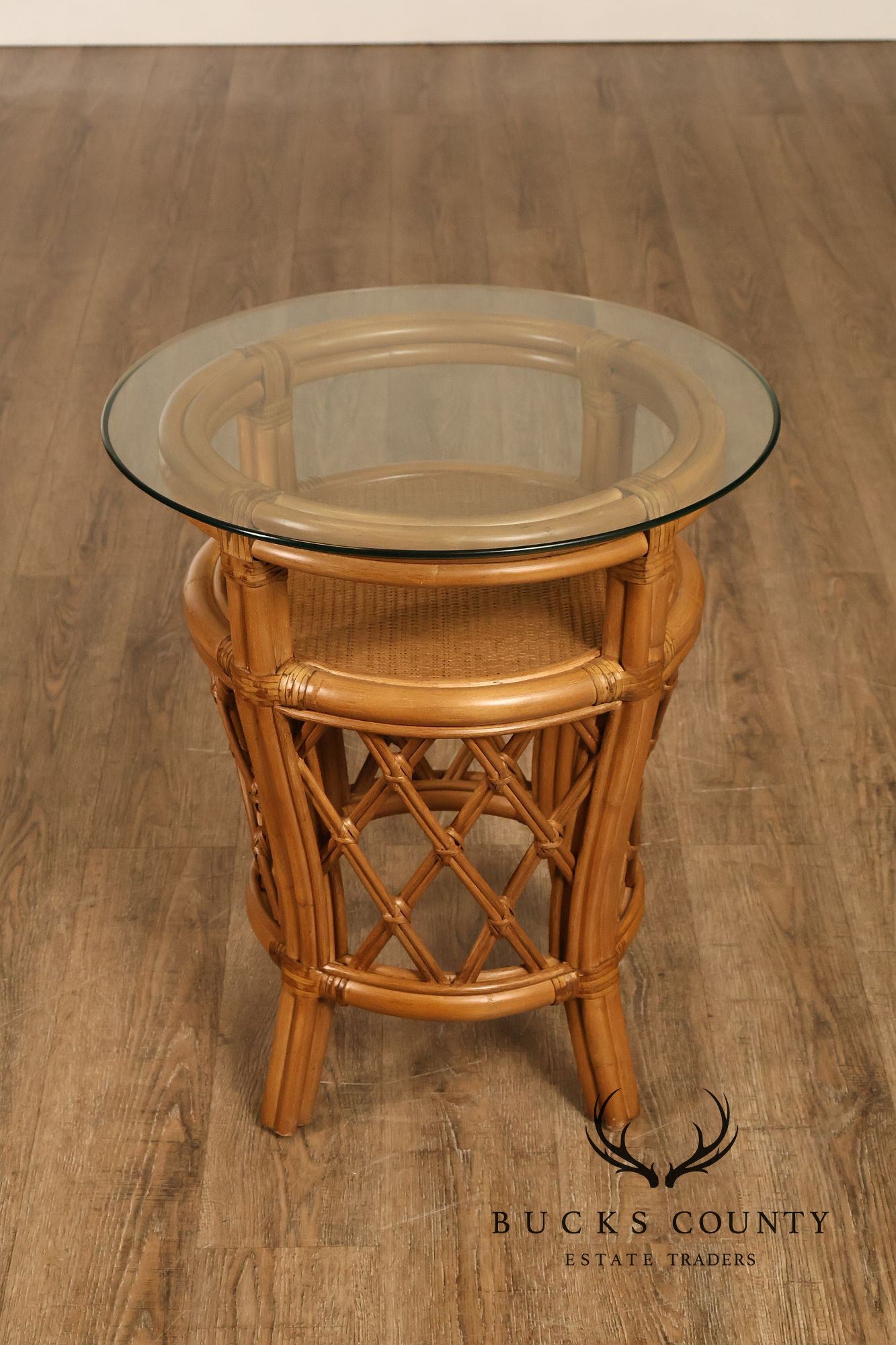 Boho Chic Pair of Round Glass Top Bamboo End Tables