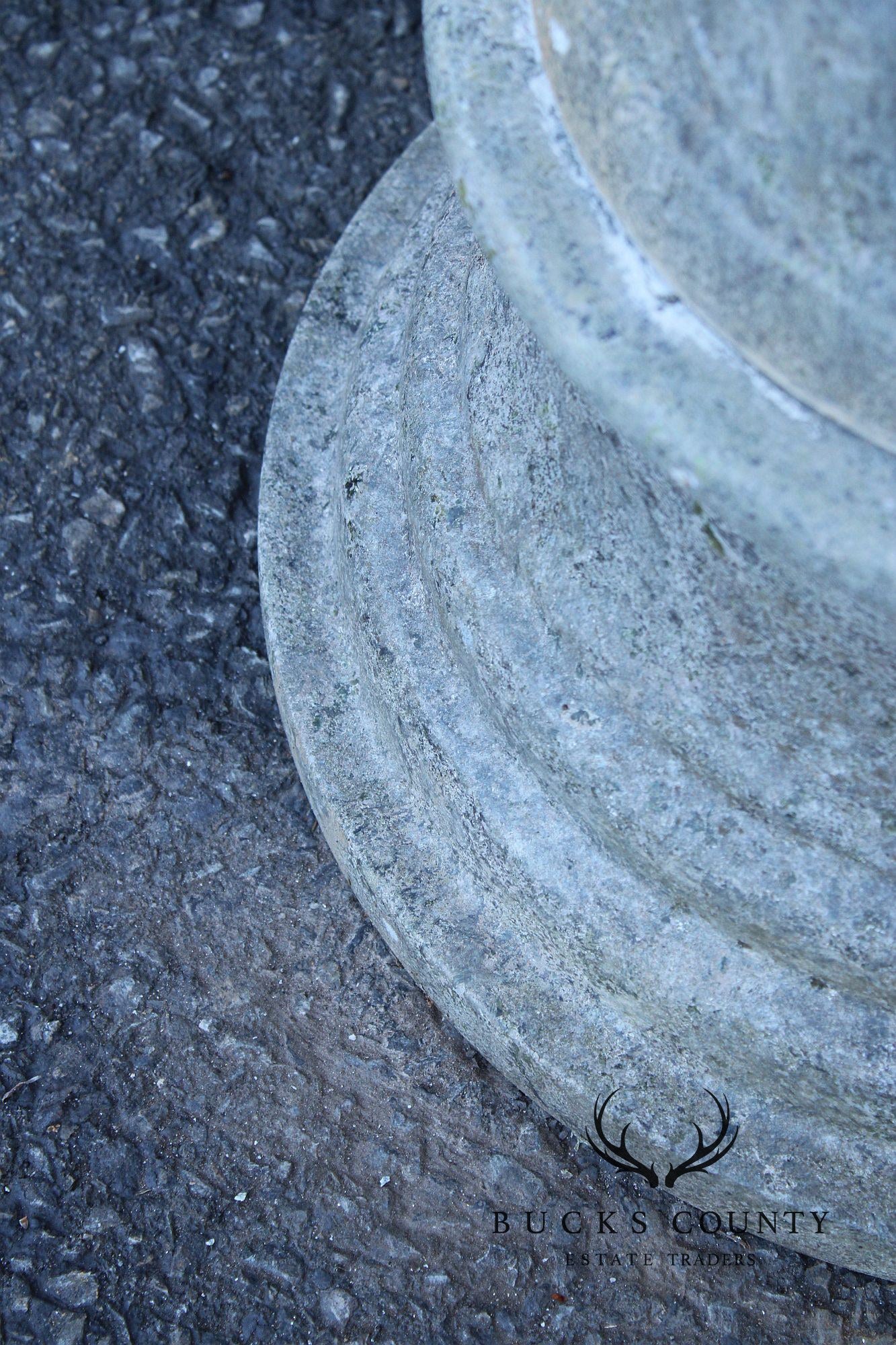 Vintage Pair Of Carved Granite Three Piece Garden Urns On Pedestals