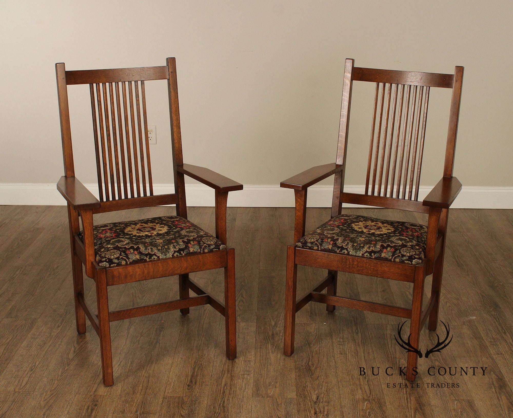 Stickley Mission Collection Pair of Oak Spindle Armchairs