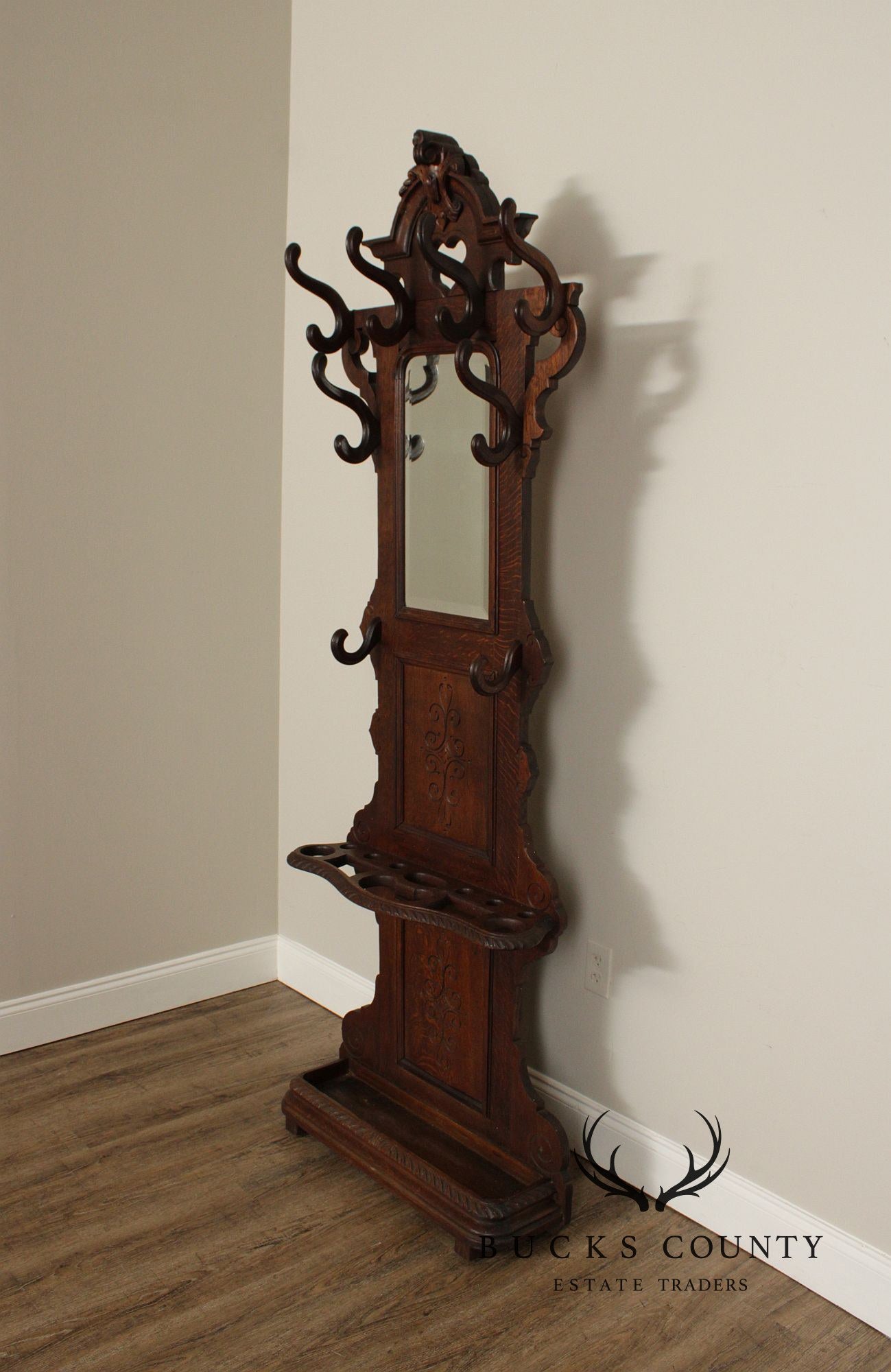 Antique Victorian Carved Oak Hall Tree With Mirror