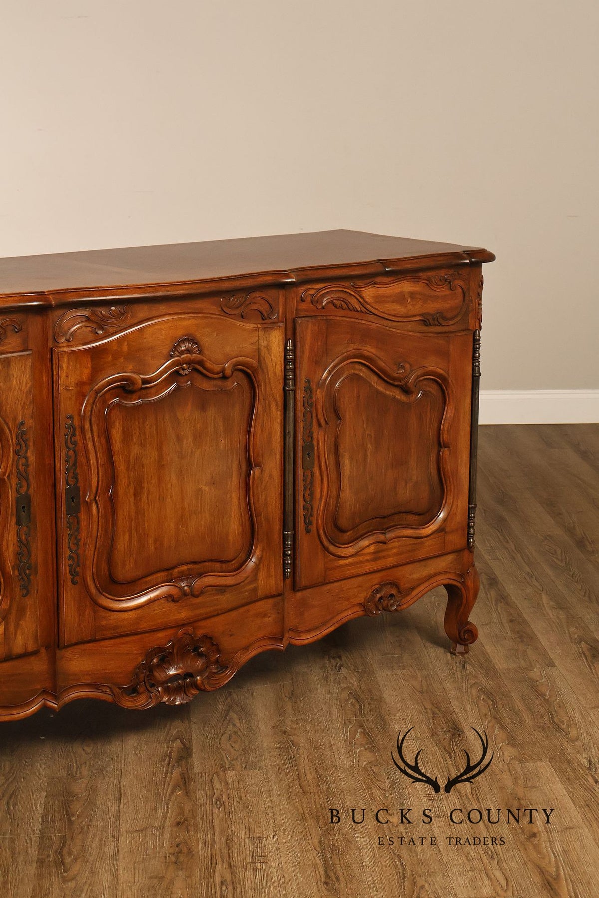 French Provincial Style Carved Fruitwood Three Door Sideboard