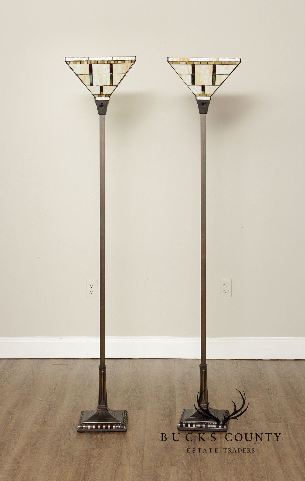 Mission Style Pair of Stained Glass Floor Lamps