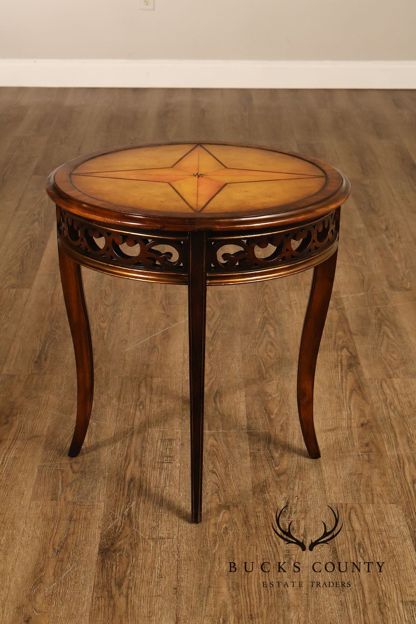 John Richard 'European Crossroads' Pair of Round Leather Top Lamp Tables