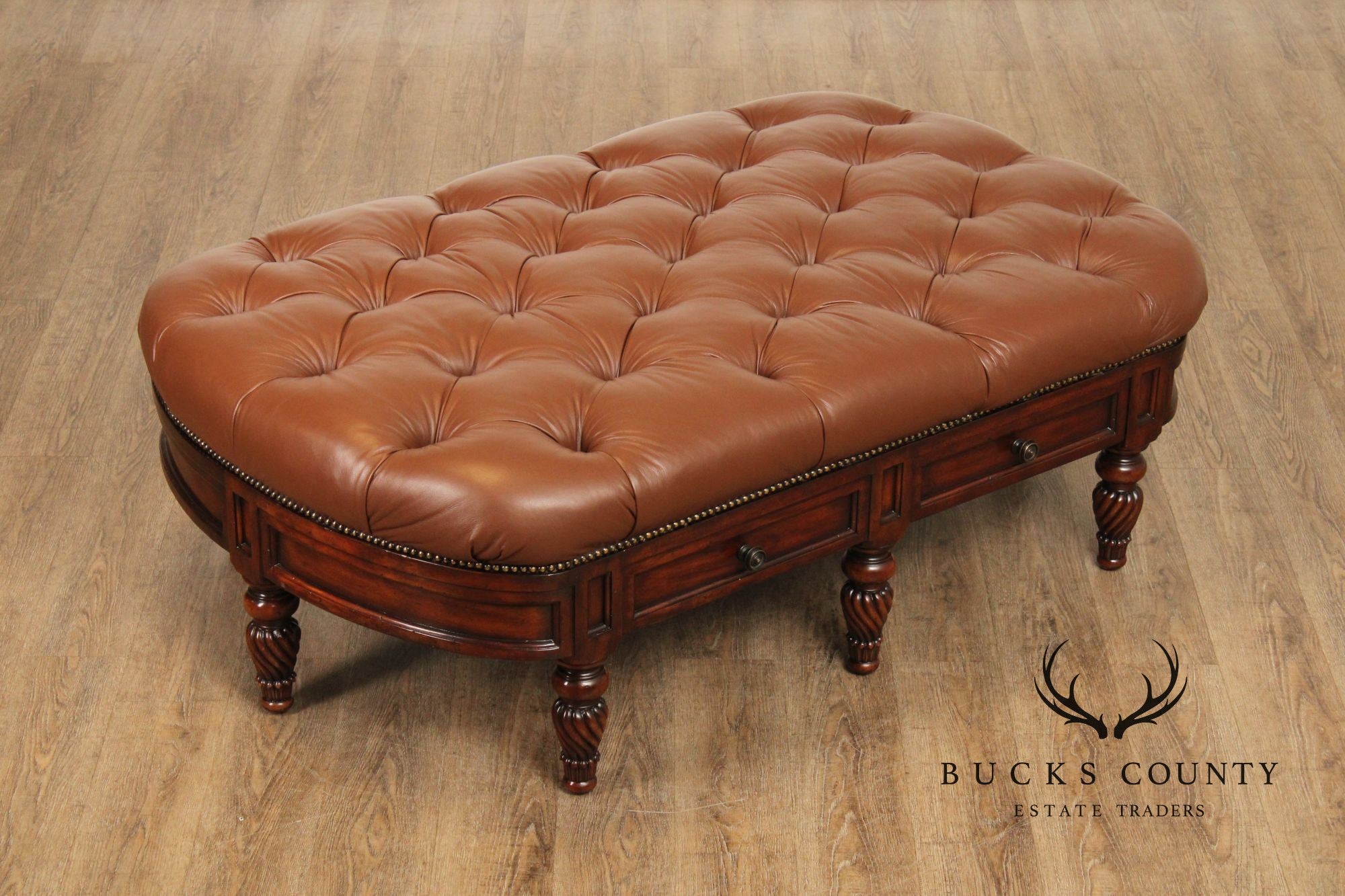 CTH Sherrill Occasional English Regency Style Tufted Leather Ottoman