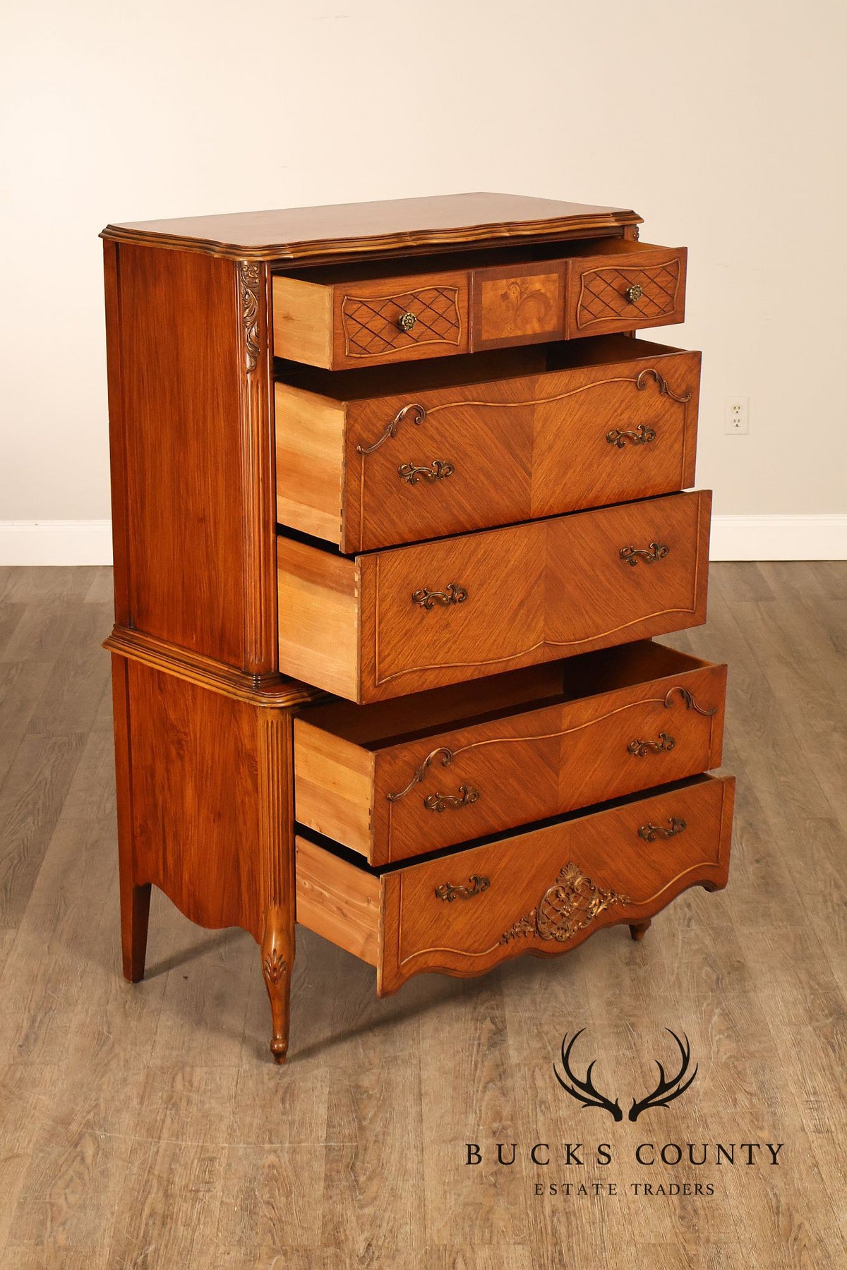 French Louis XV Style Satinwood High Chest Of Drawers