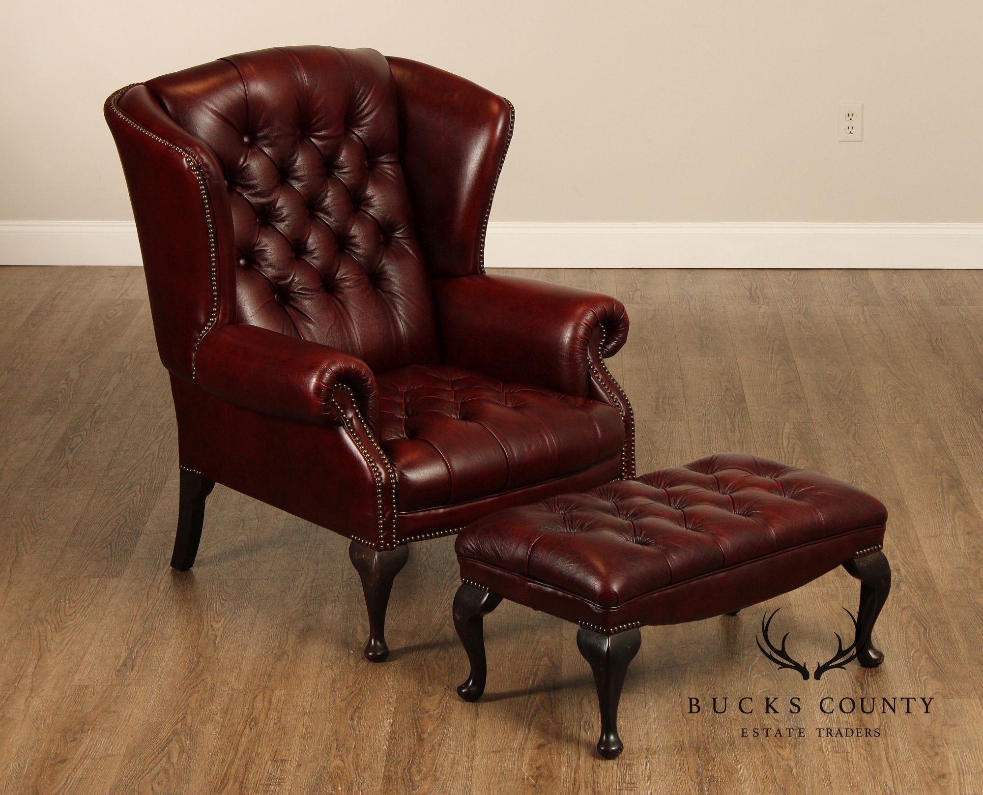 Pendragon Chesterfield Style Tufted Leather Wing Chair and Ottoman