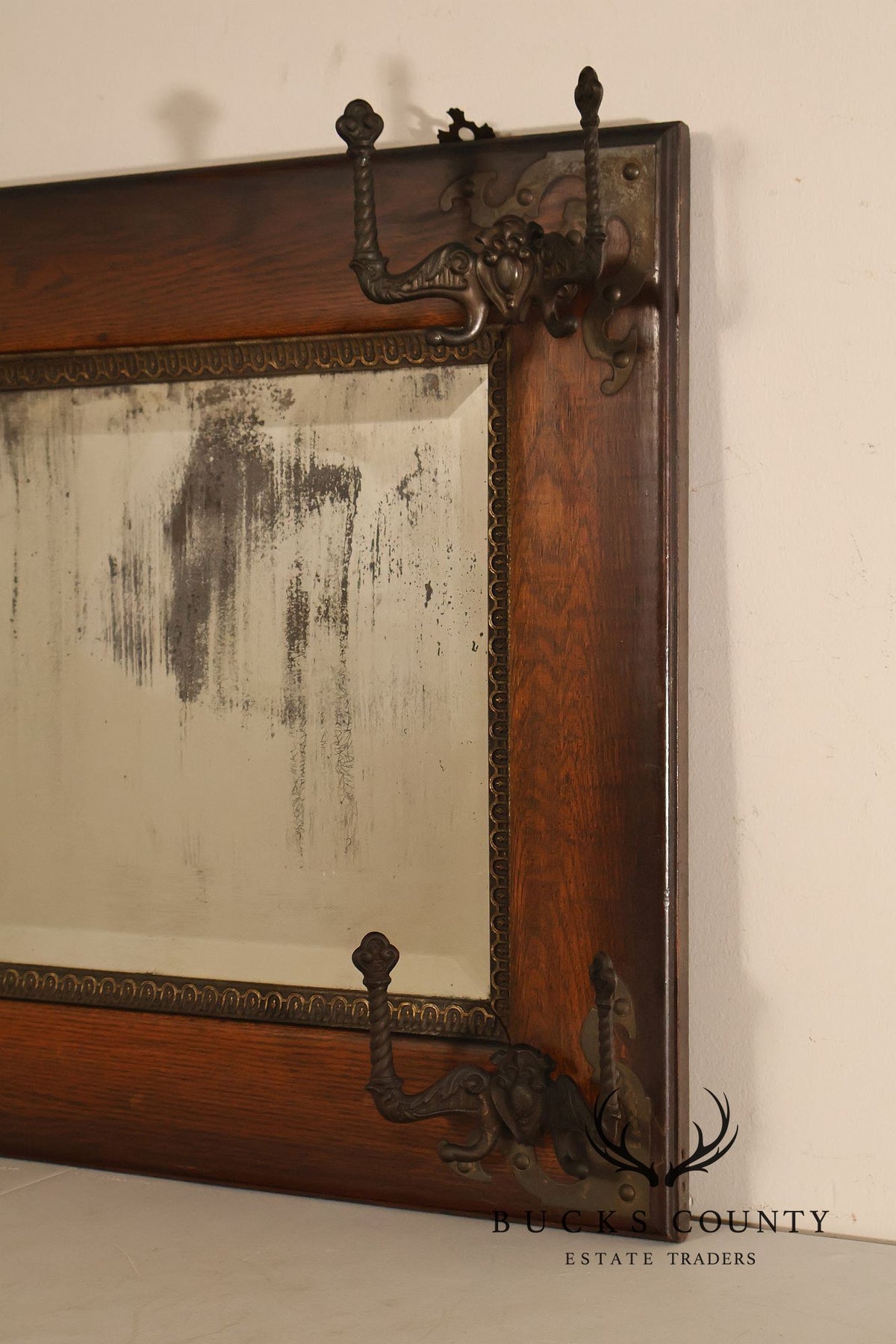 Antique Victorian Oak Wall Mirror With Cast Iron Coat Hooks