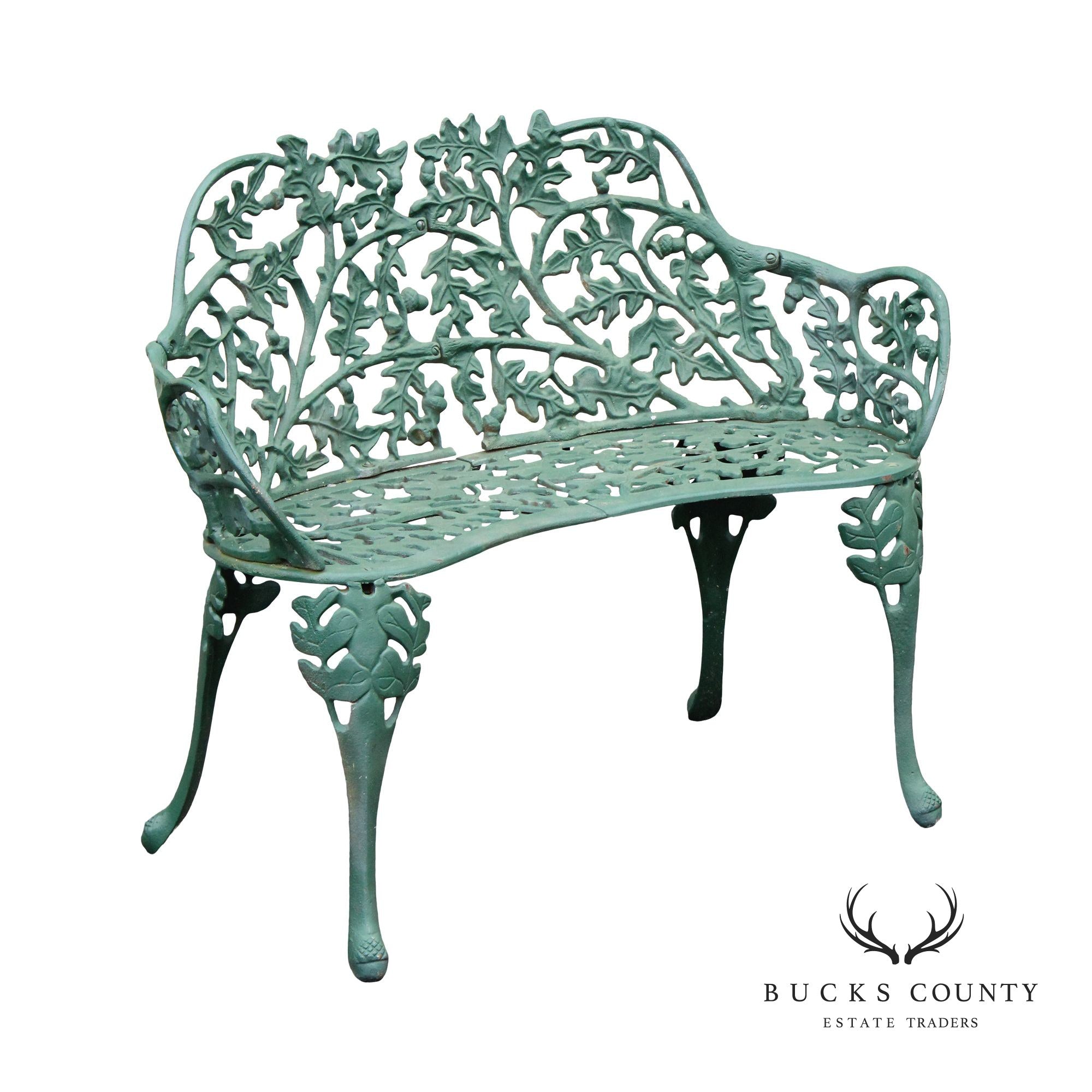 English Traditional Cast Iron Oak and Acorn Outdoor Garden Bench