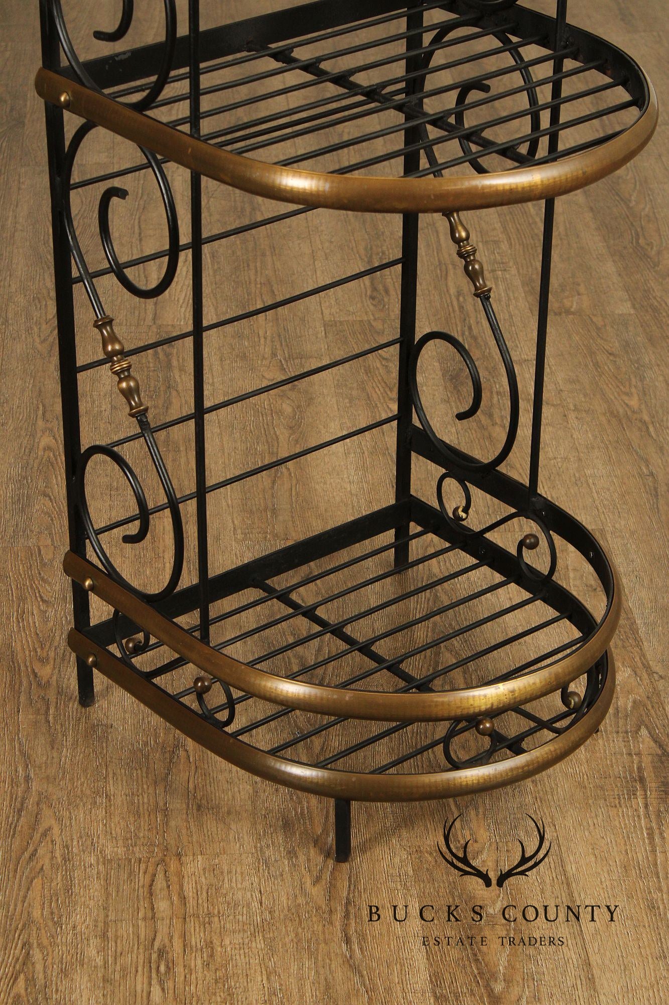 French Country Style Vintage Wrought Iron And Brass Narrow Bakers Rack