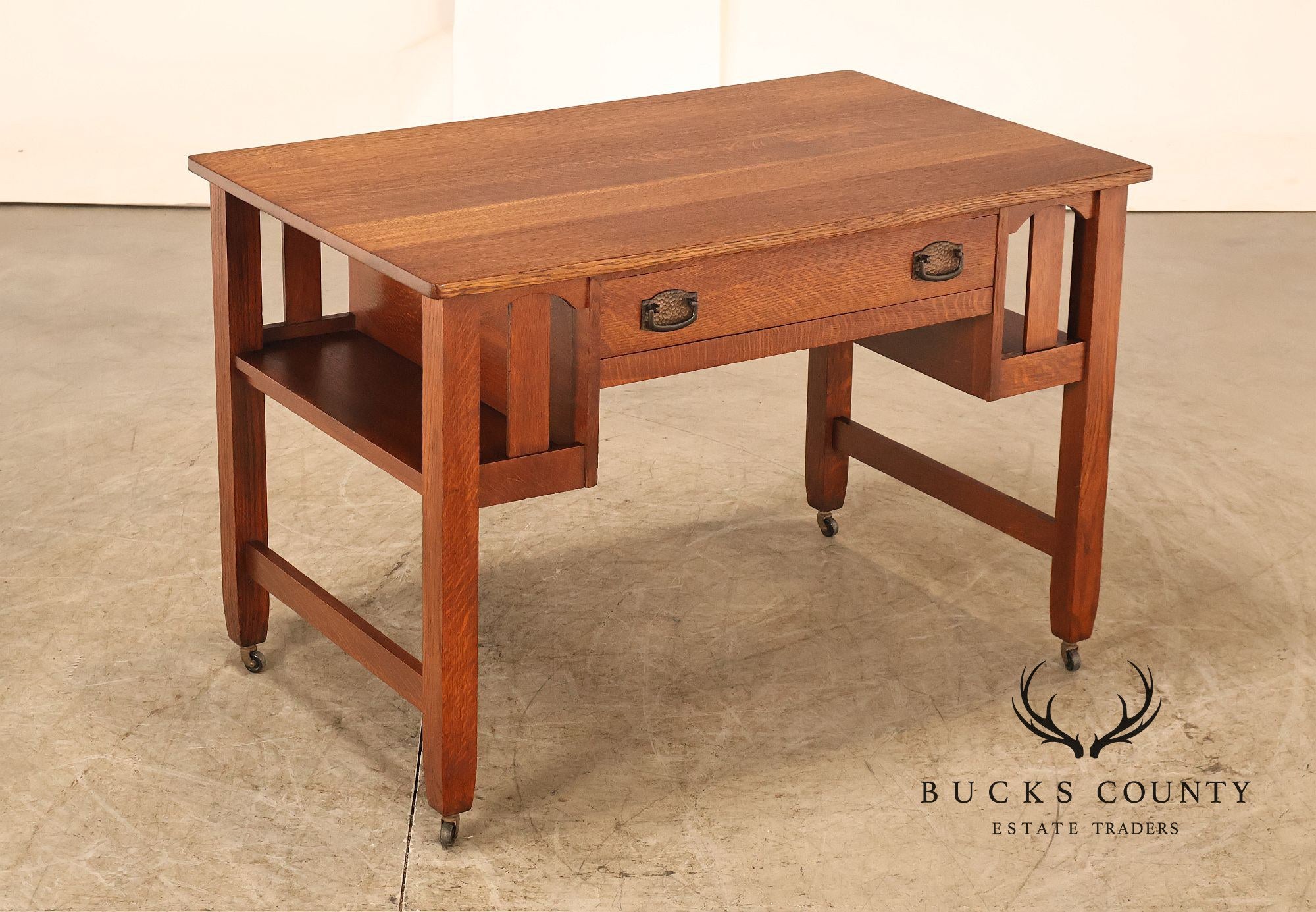 Antique Arts And Crafts Mission Oak Writing Desk With Built-In Side Bookcases