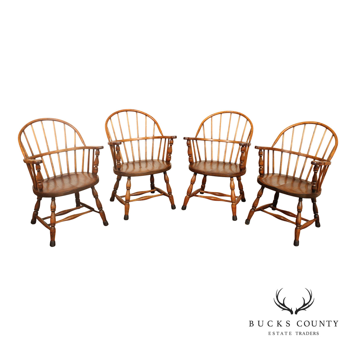 Antique Windsor Bow Back Set Of 4 Oak Dining Armchairs