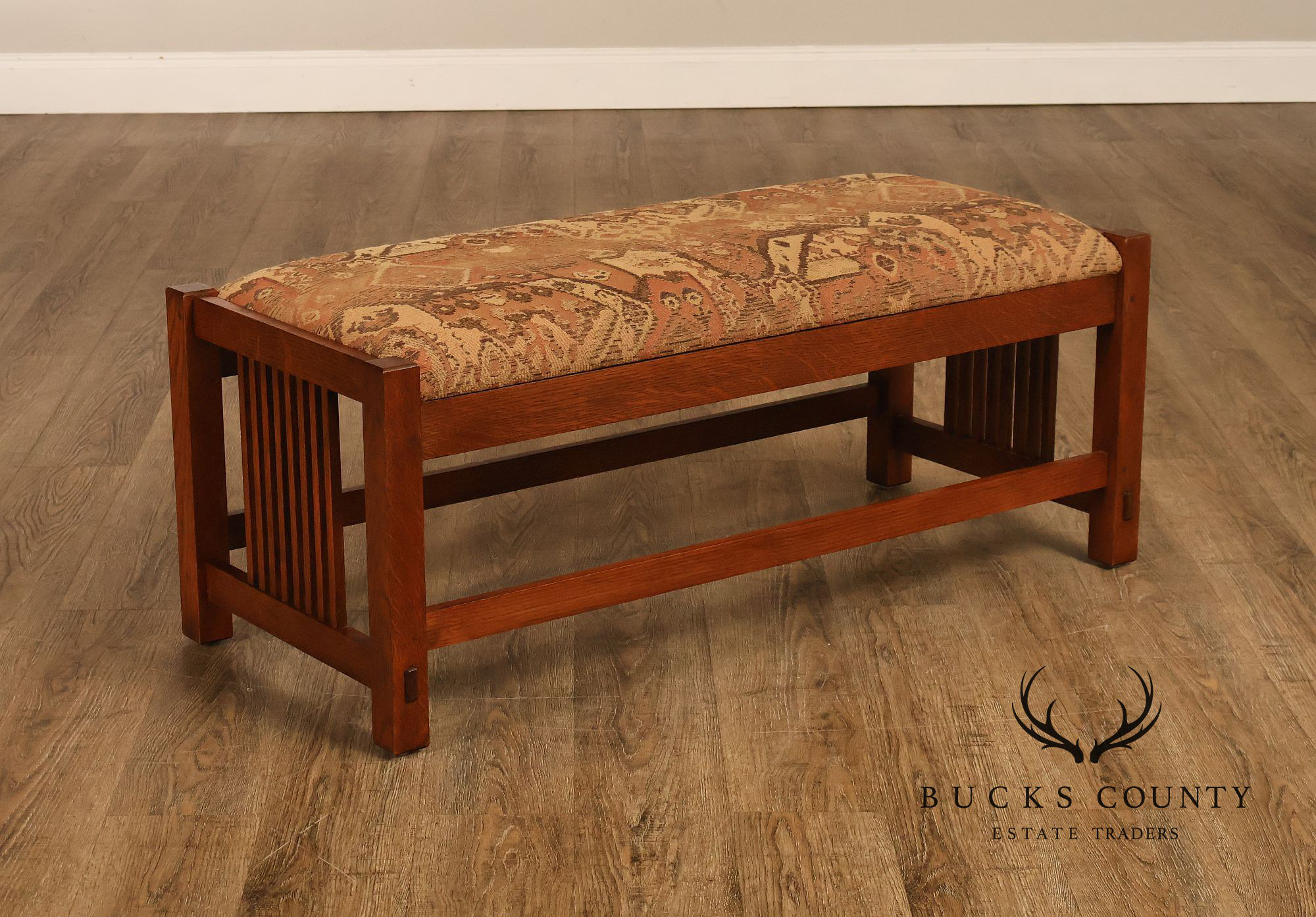 Stickley Mission Collection Oak Spindle Bench With Upholstered Seat
