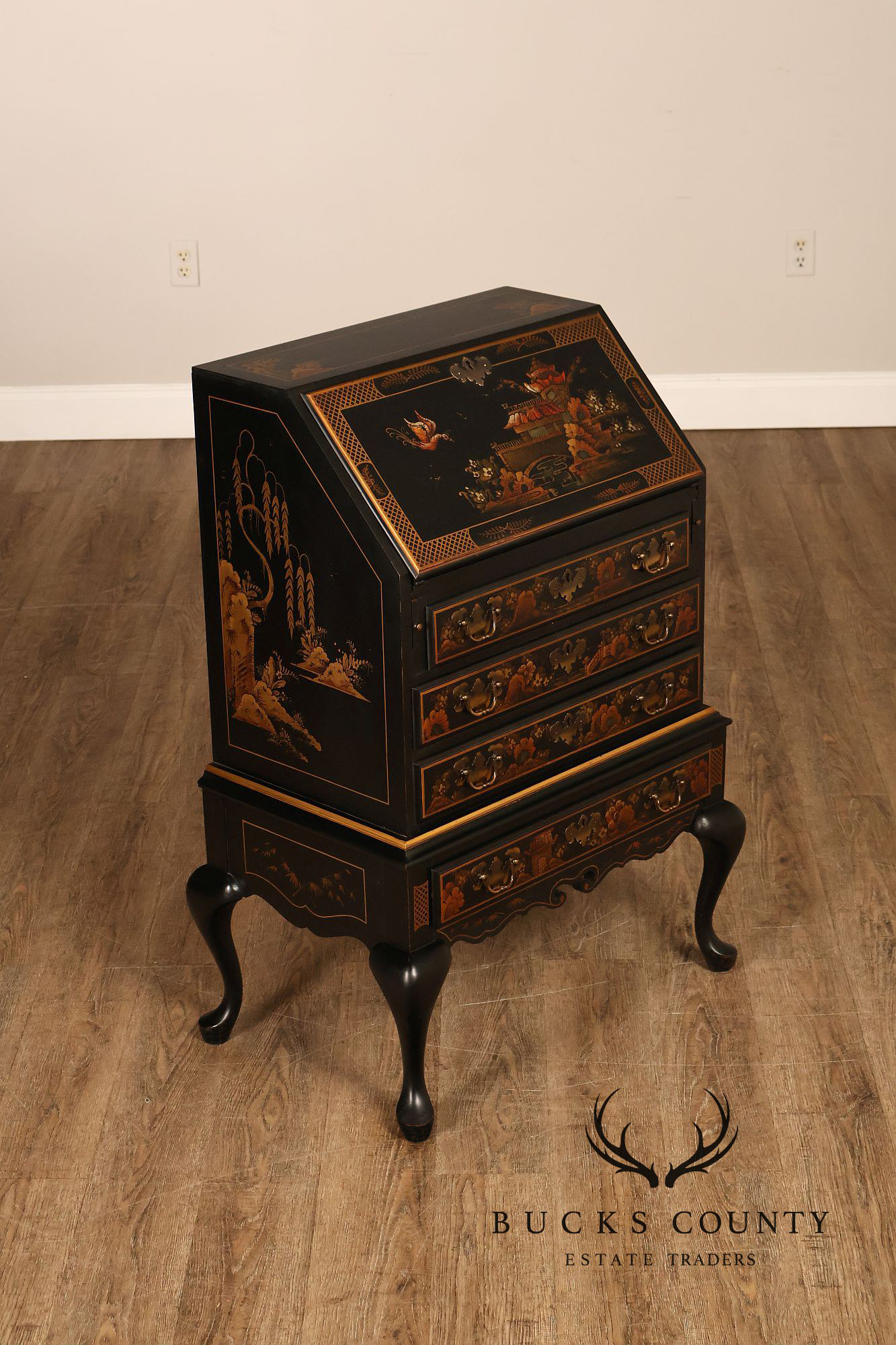 Queen Anne Style Chinoiserie Slant Front Writing Desk