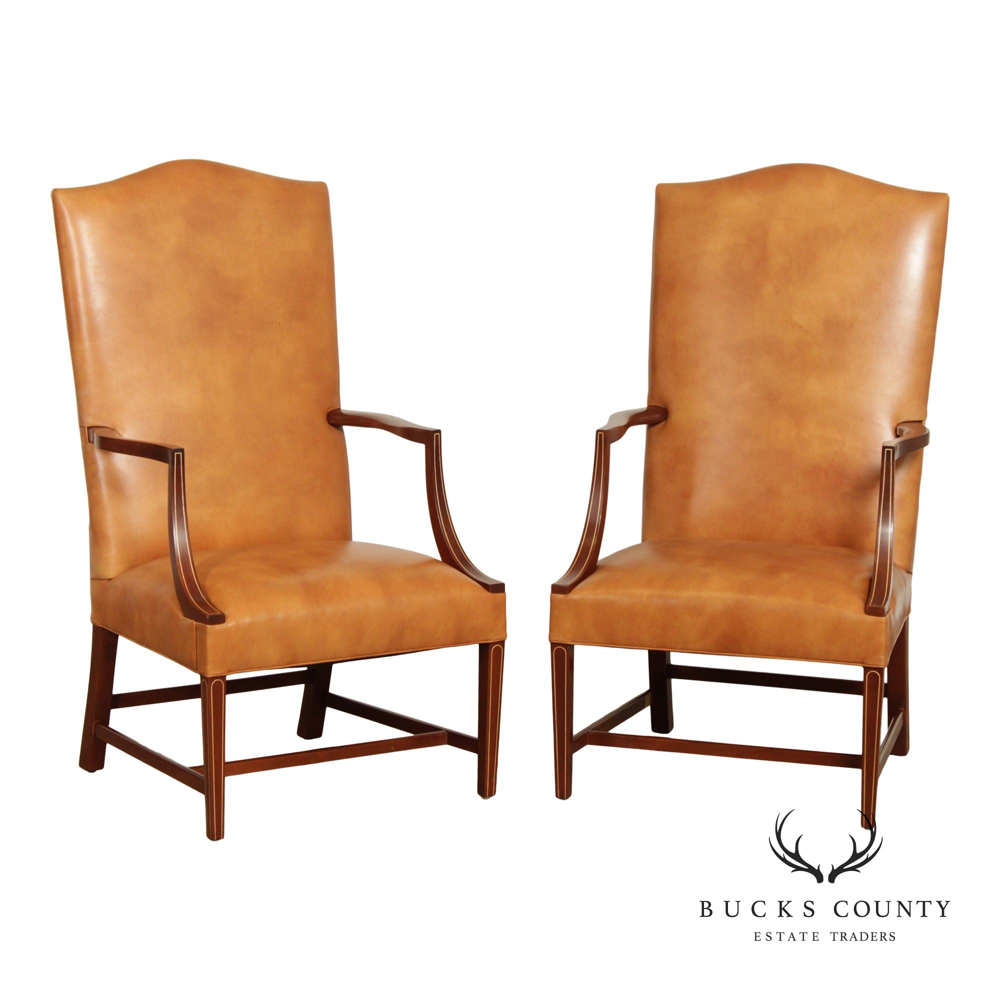 Stickley Federal Style Pair Inlaid Mahogany Leather Armchairs